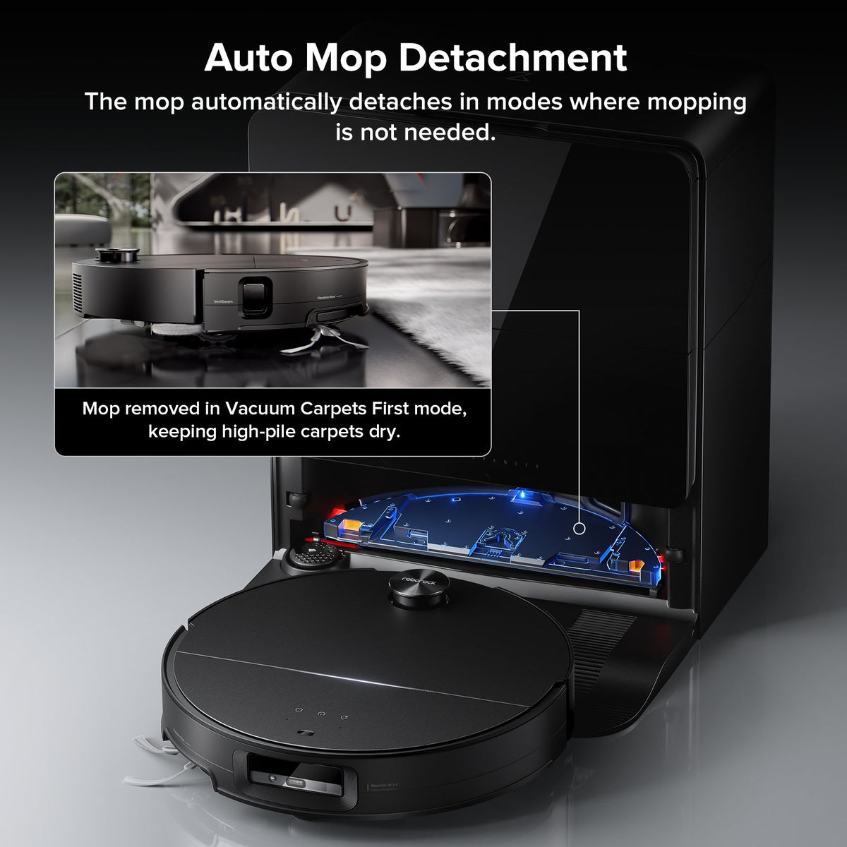 Black Roborock robot vacuum with open dock area showing mop attachment removed for cleaning.