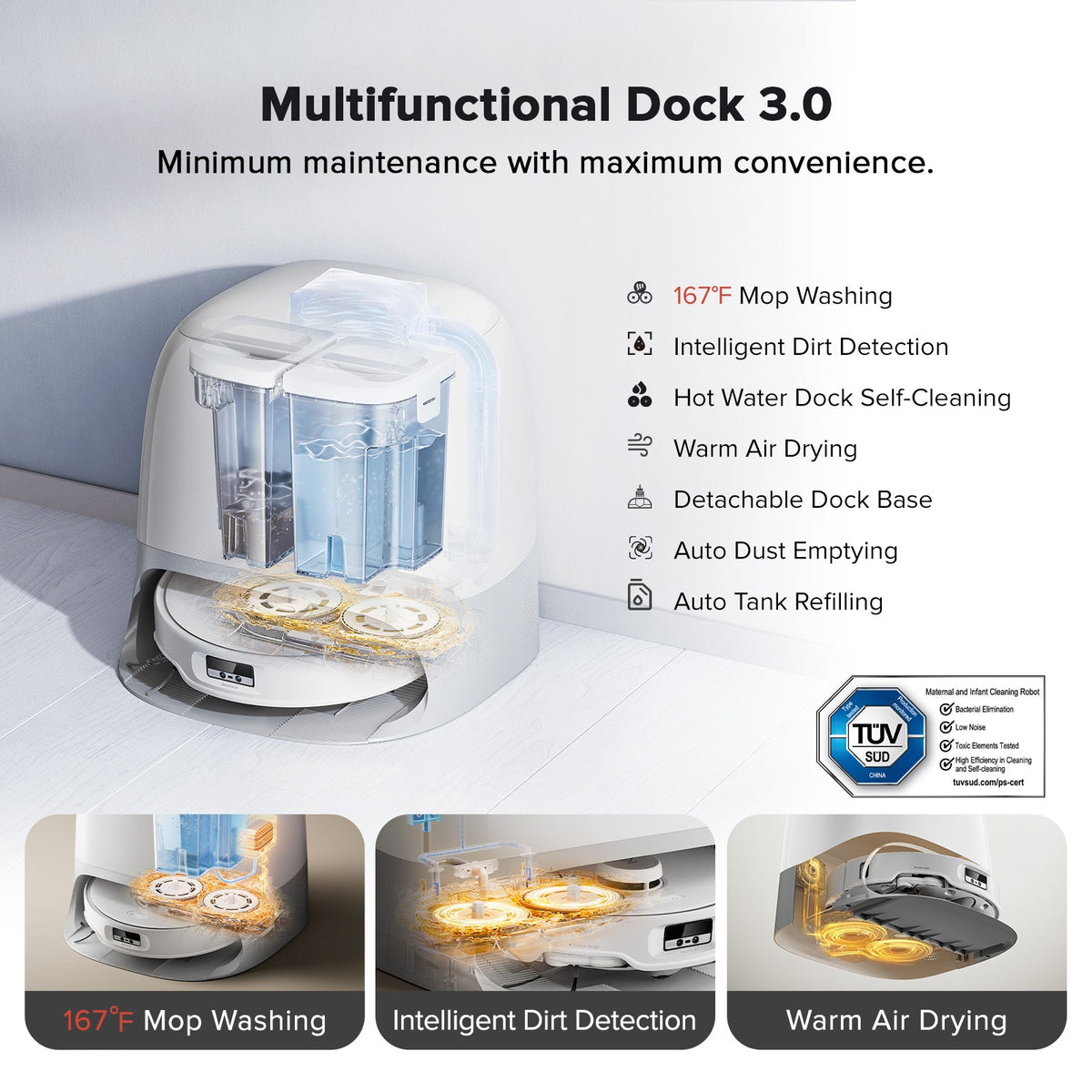 Multifunctional dock 3.0 with white Roborock robot vacuum and washing features