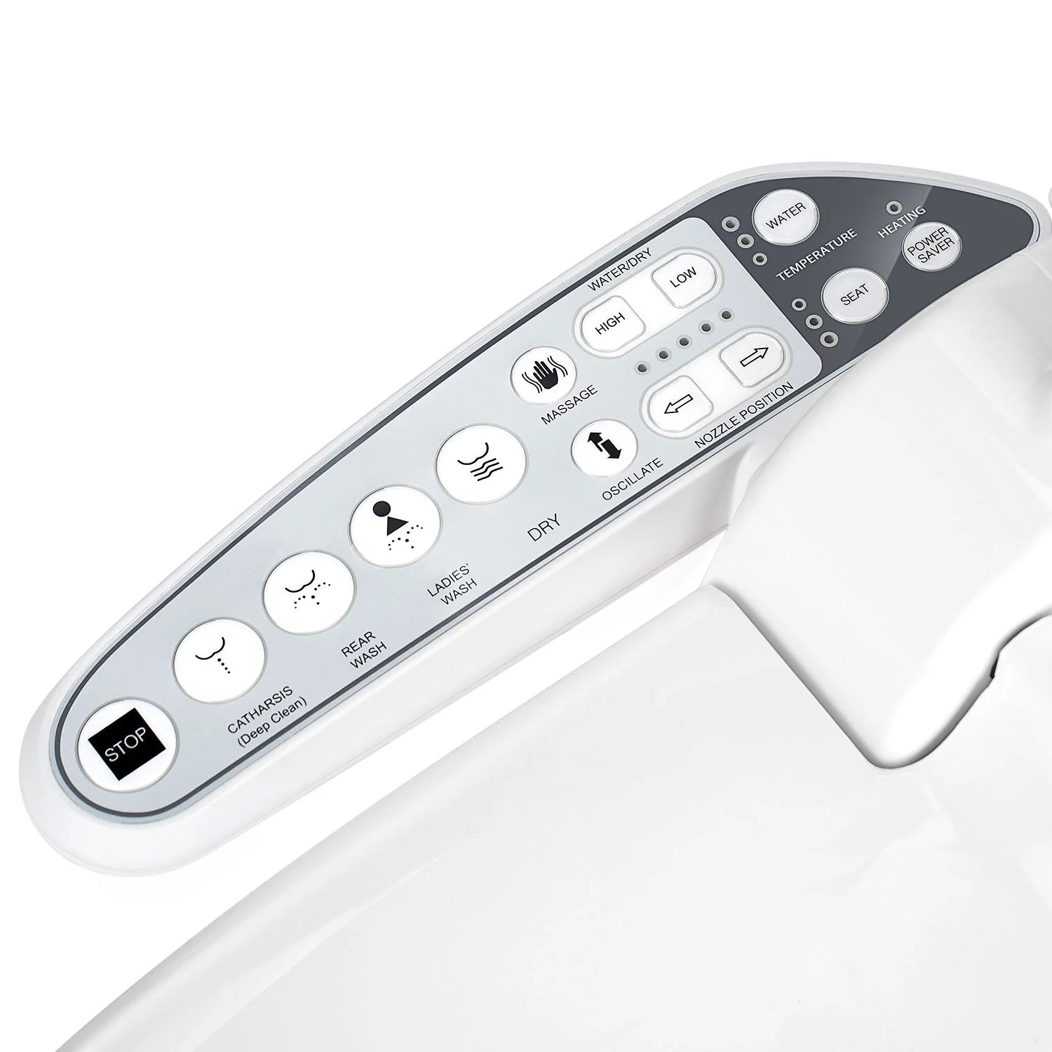 Electric bidet seat control remote with round buttons, white and gray trim