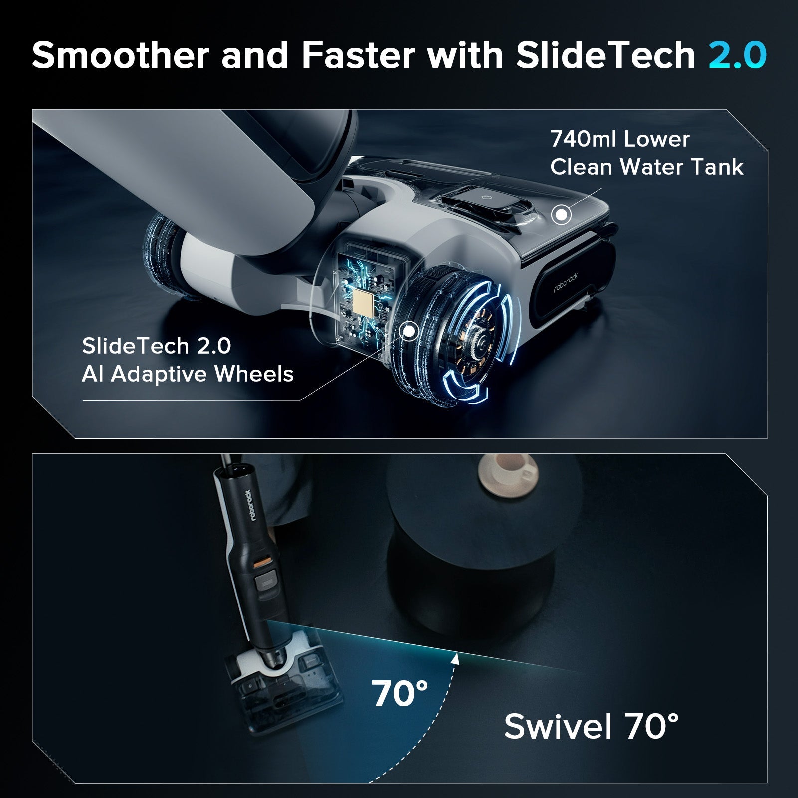 Gray stick vacuum showing SlideTech water tank area and swivel floor head