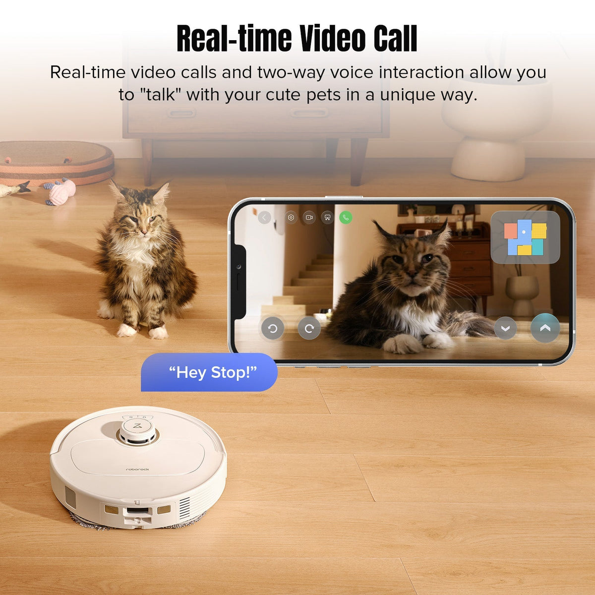 White robot vacuum cleaner shown with real-time video call on a smartphone screen