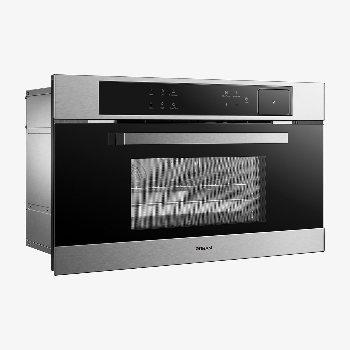 Built-in combi steam oven, side angle with black glass door and stainless steel frame.
