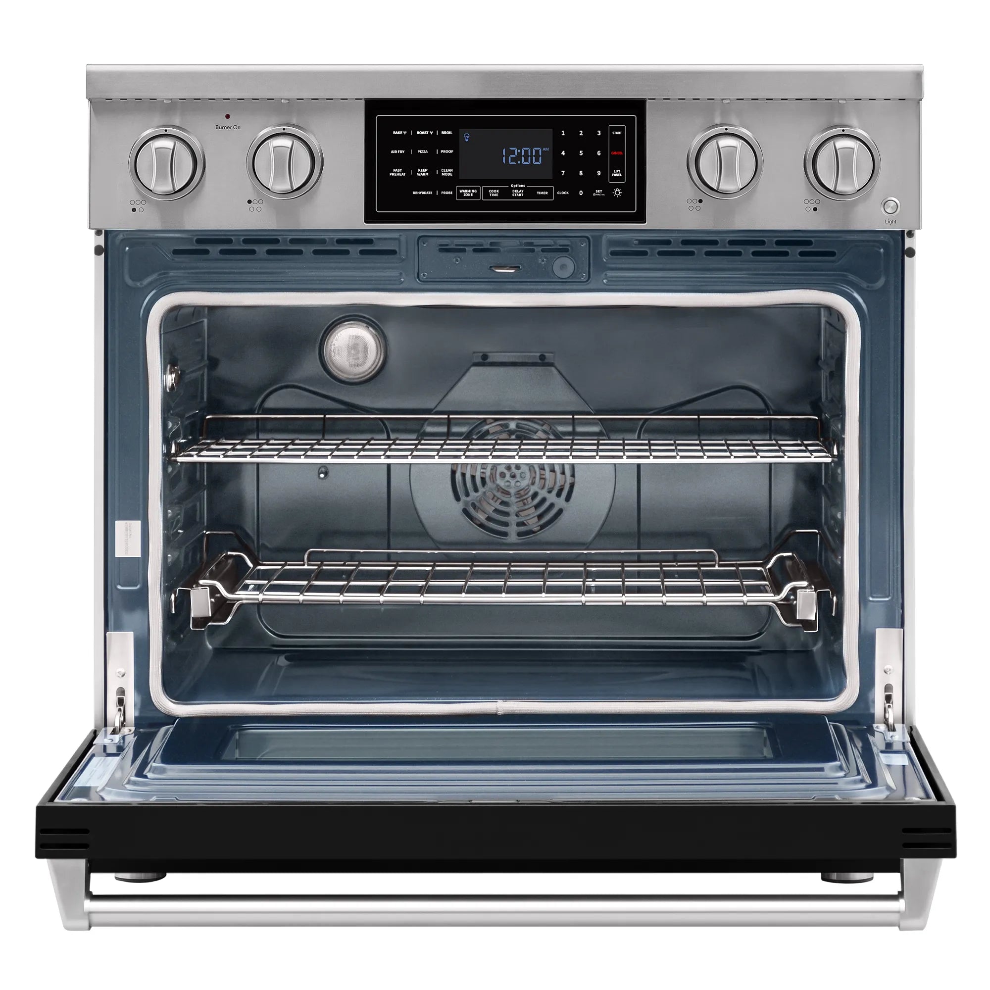 Open convection oven cavity with wire racks and interior fan housing