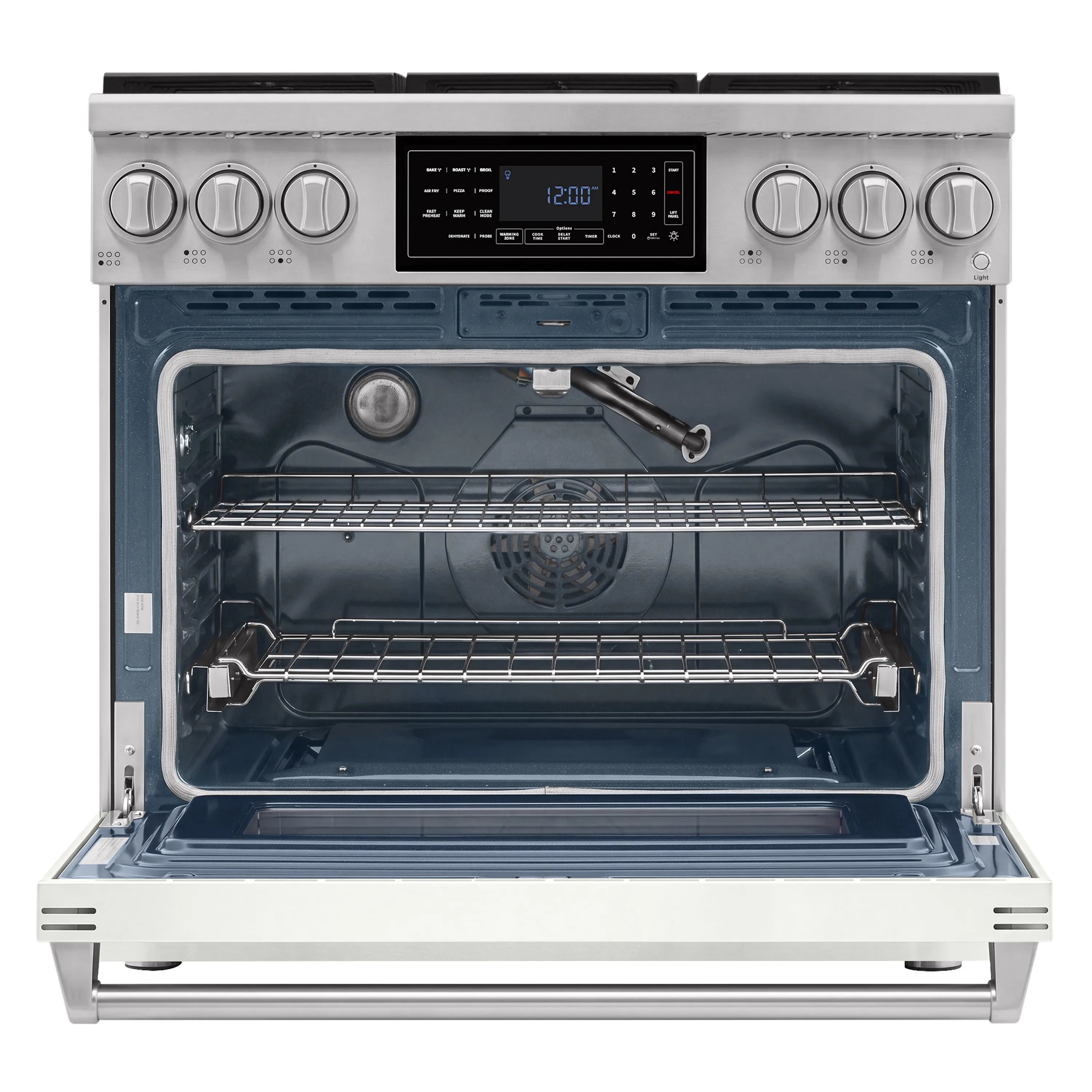 White gas range with open oven door, broil tray and wire oven rack inside