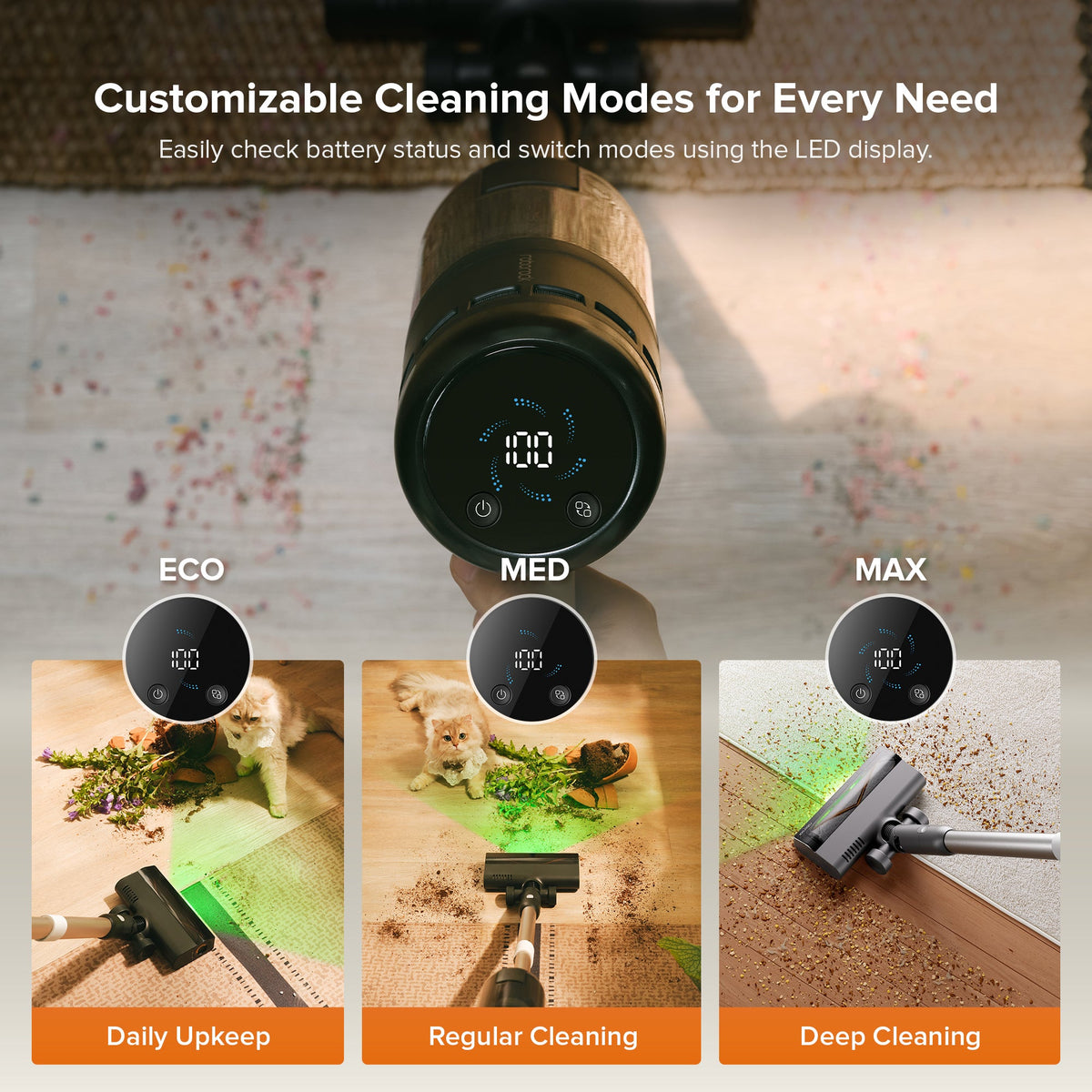 Cordless stick vacuum handle with LED mode display and round power buttons