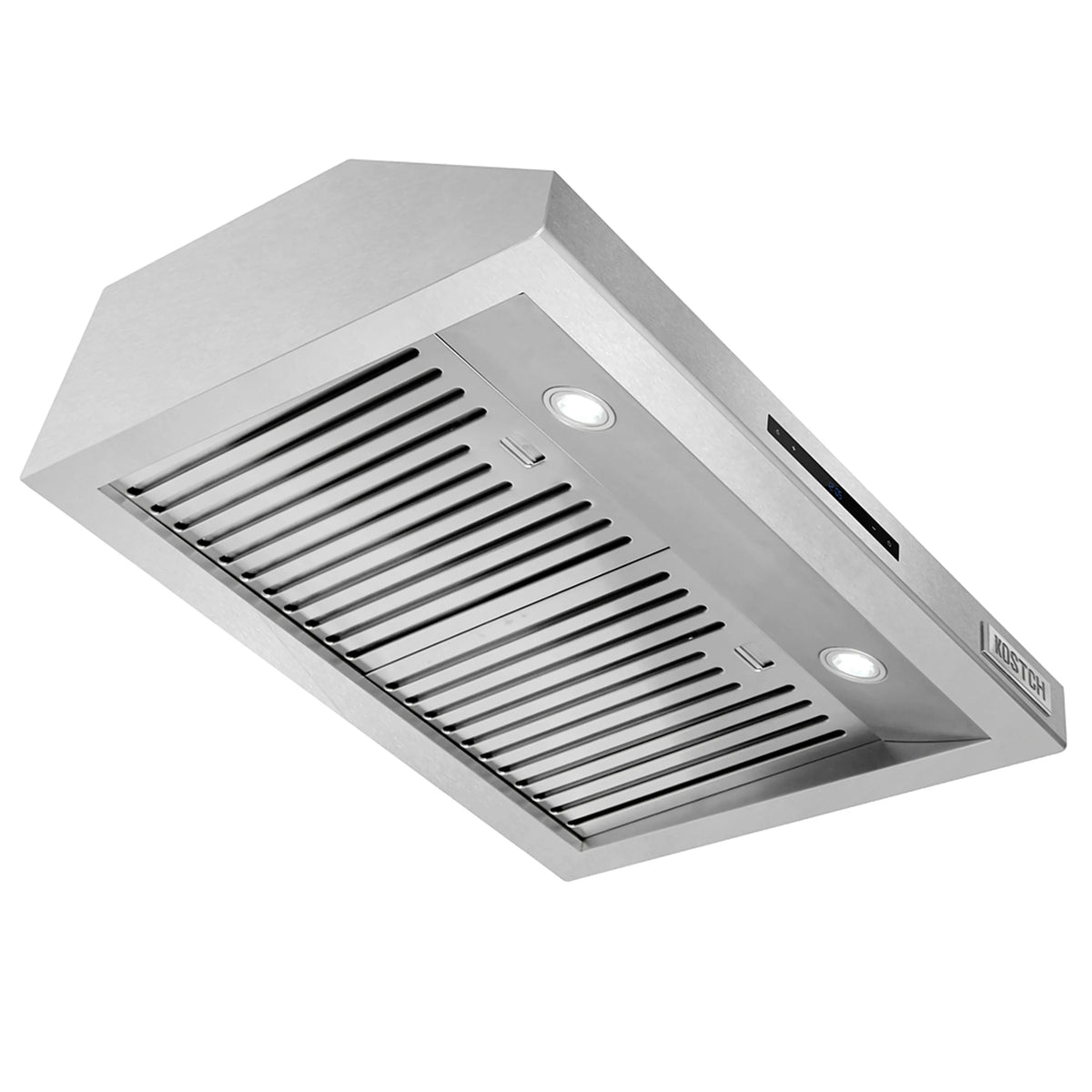 Stainless steel range hood underside with baffle filters and two circular light ports