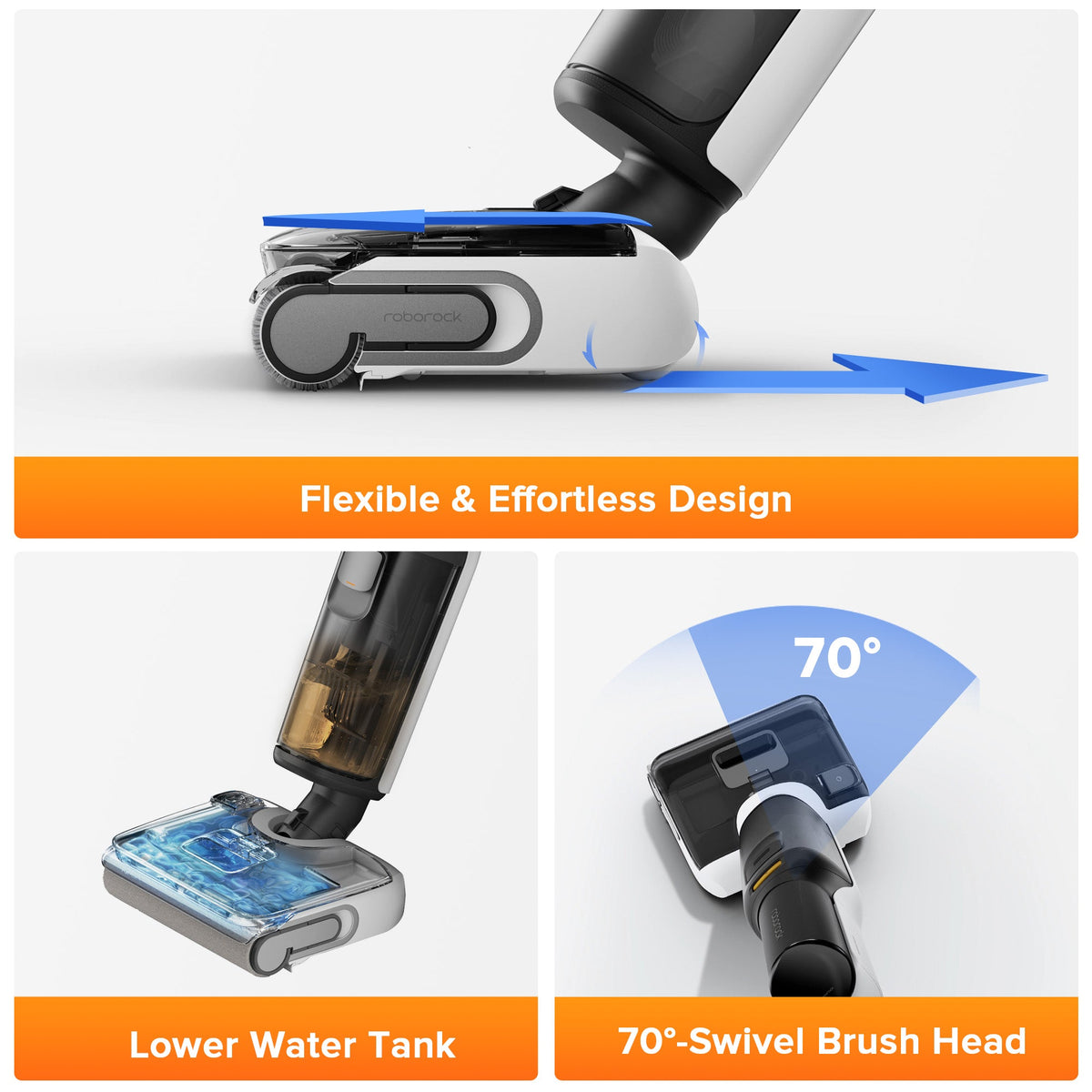 Roborock wet and dry vacuum cleaner with 70° swivel brush head and lower water tank