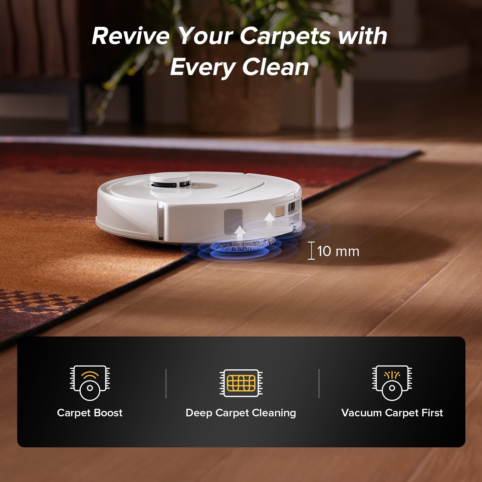 White robot vacuum lifting carpet edge with airflow gap and carpet boost icons