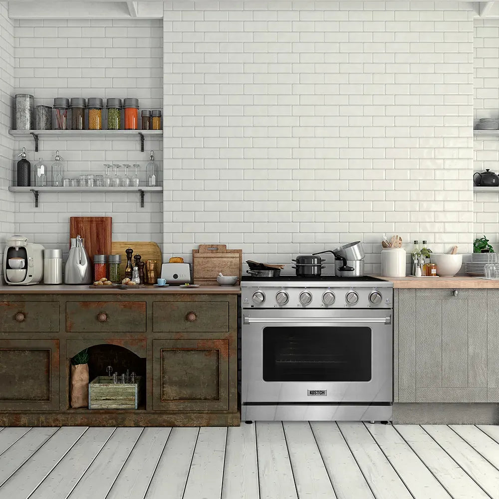 Stainless steel electric range in a kitchen setting with black glass cooktop and oven