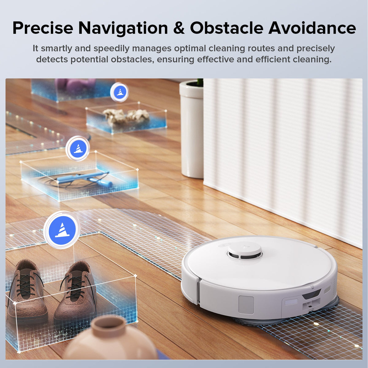 White robot vacuum cleaning on wood floor with mapped obstacle-avoidance grid