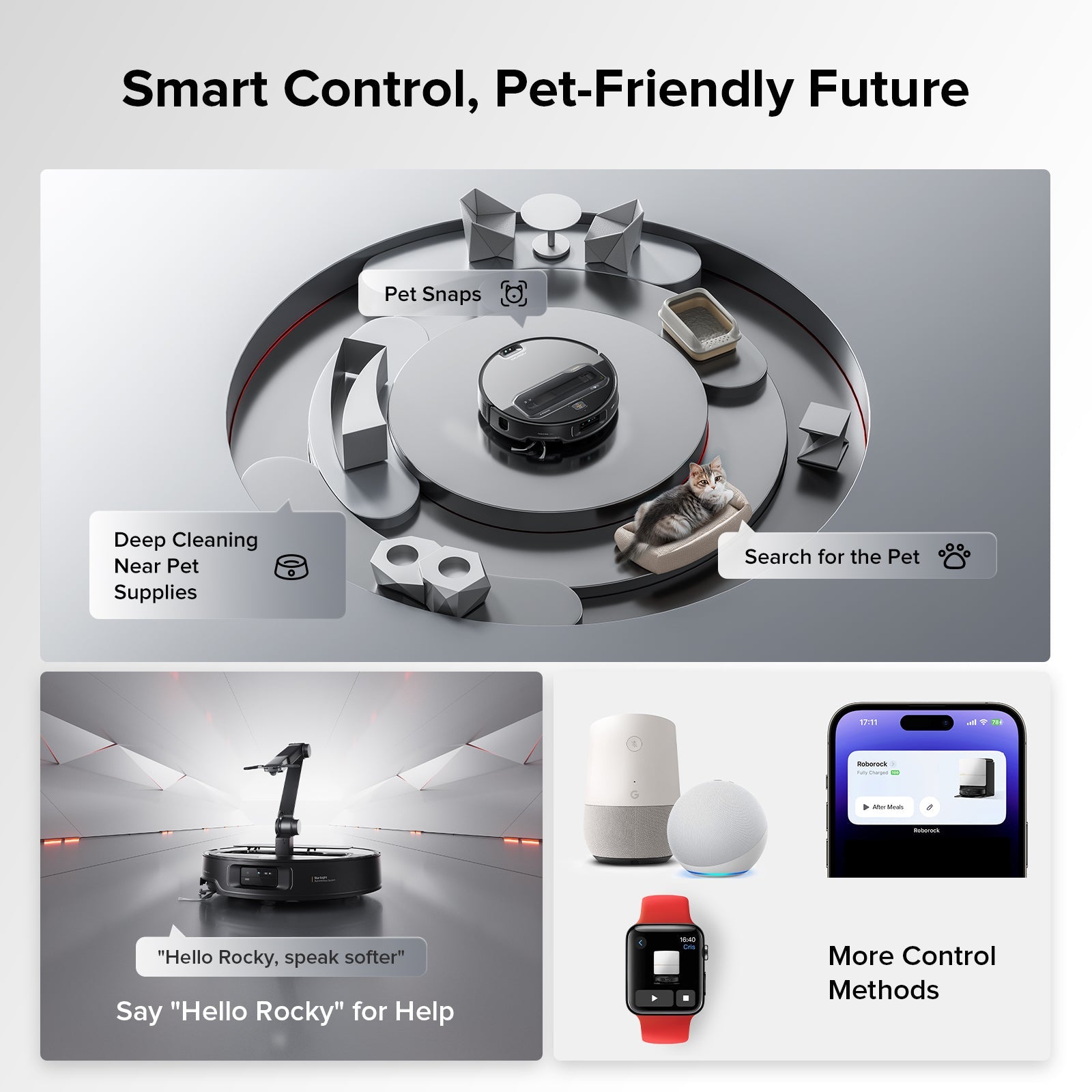 Robot vacuum with multiple accessory tools and app-controlled smart pet cleaning