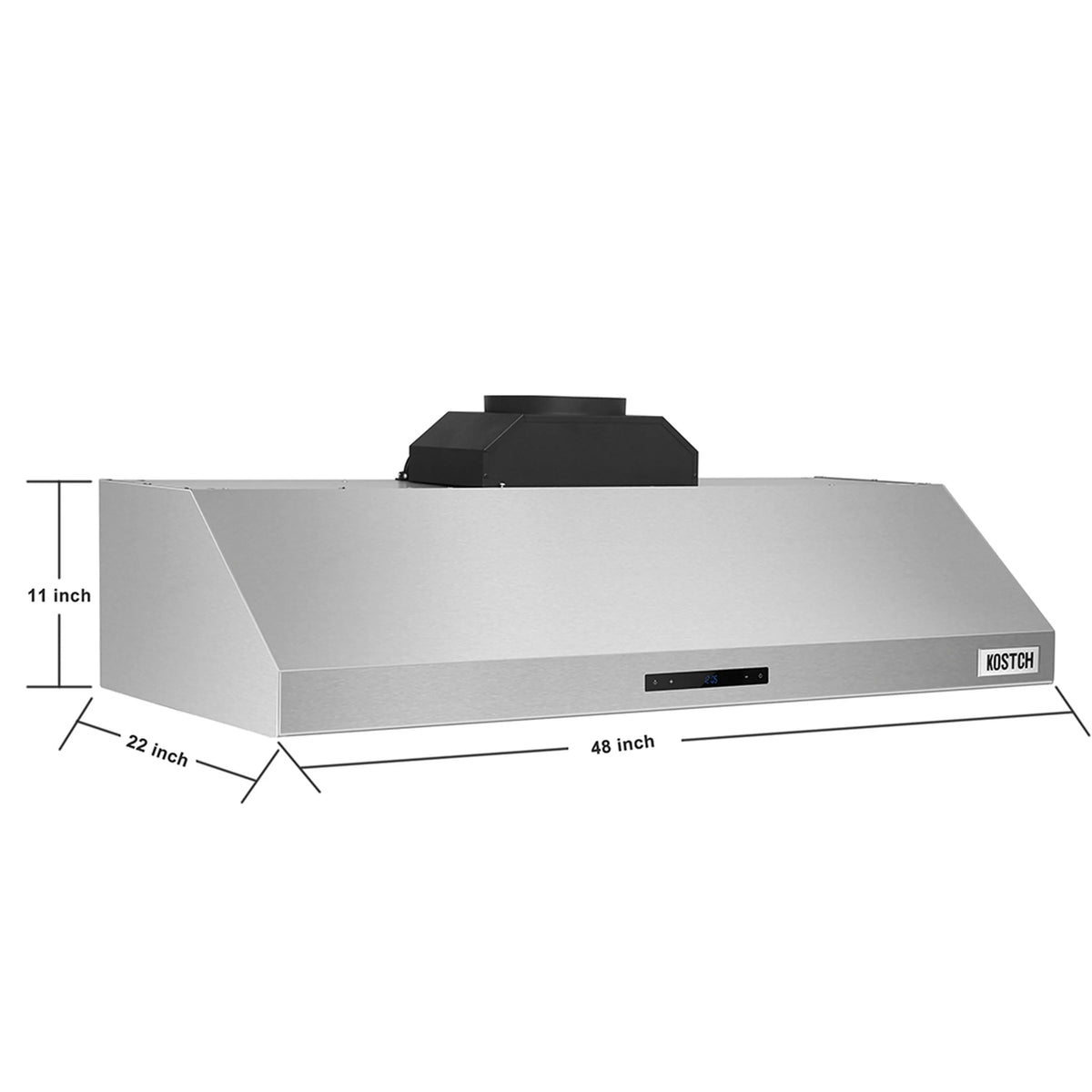 Stainless steel range hood with 48-inch, 22-inch, and 11-inch dimension labels