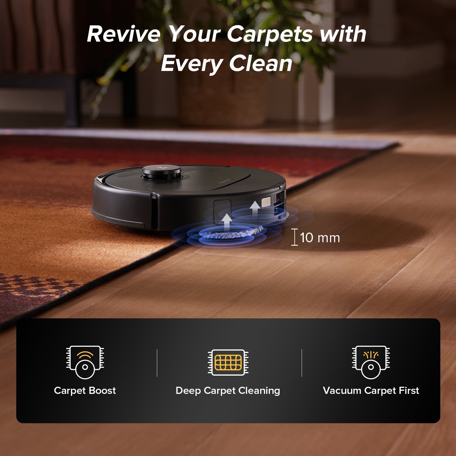 Black robot vacuum on carpet with front cleaning area and brush housing visible
