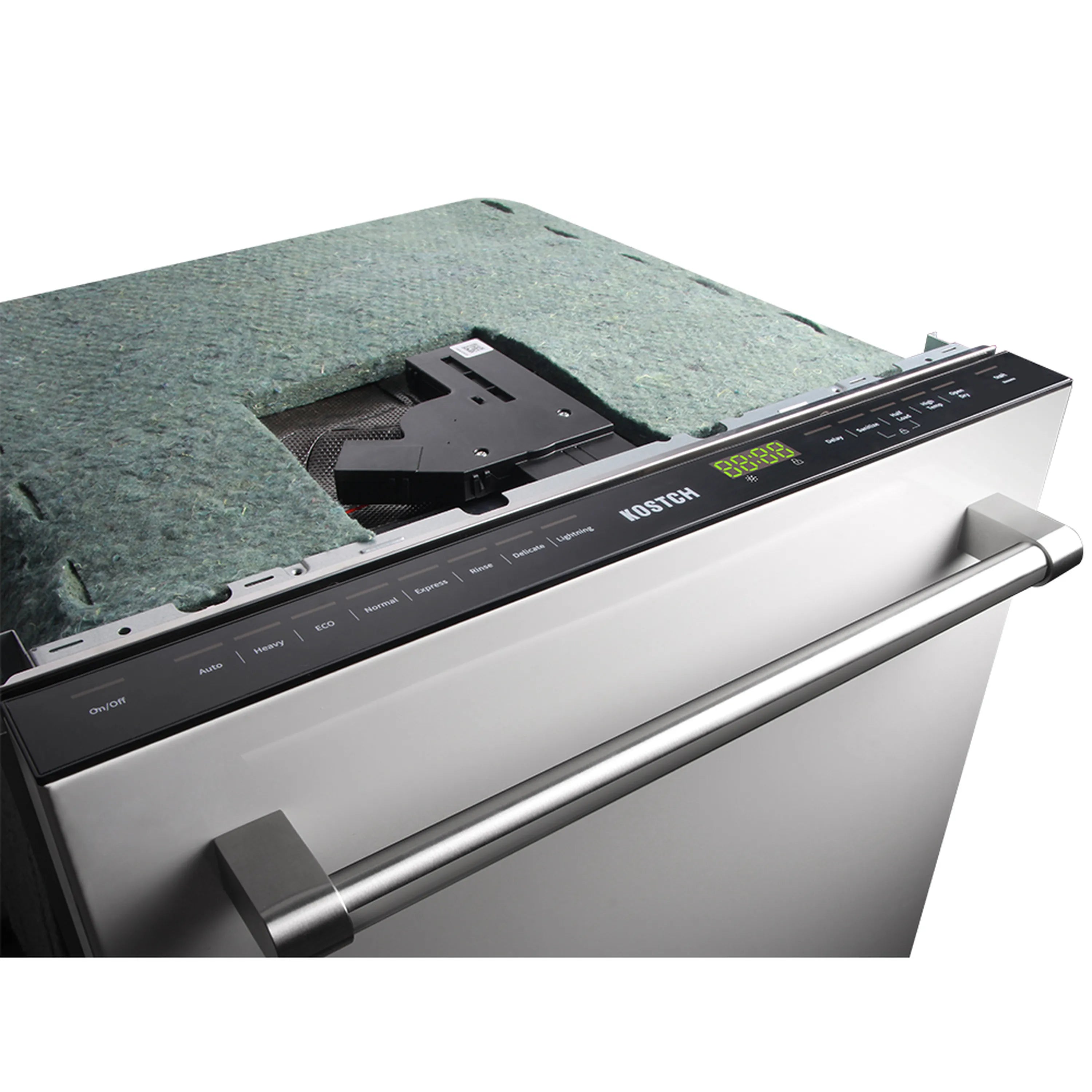 Stainless steel built-in dishwasher top control panel with glowing digital display and buttons