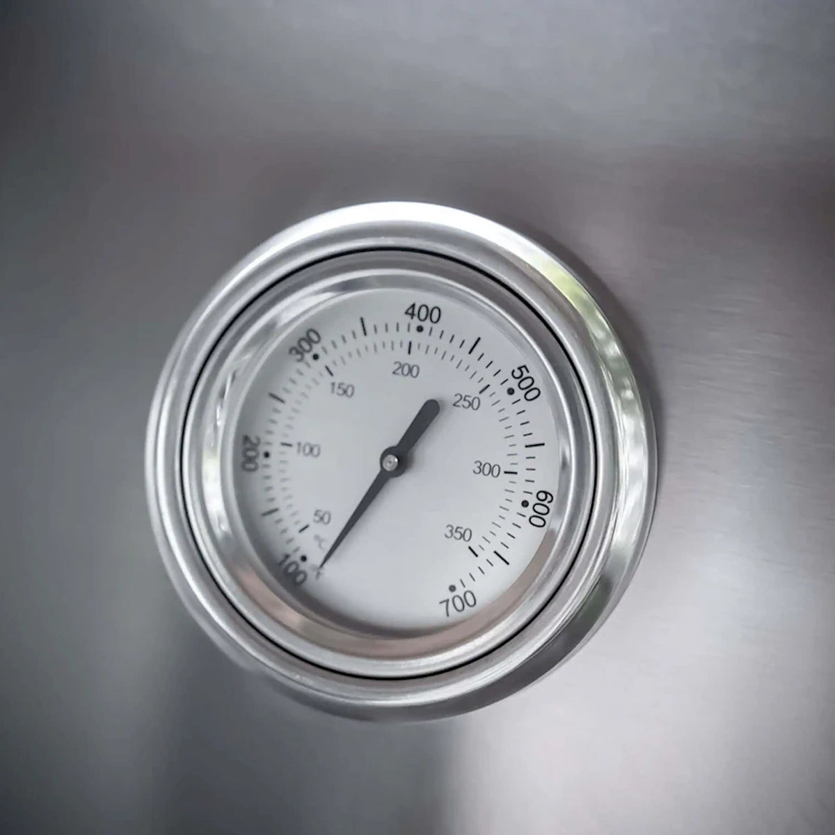 Stainless steel grill thermometer with temperature dial and gauge glass