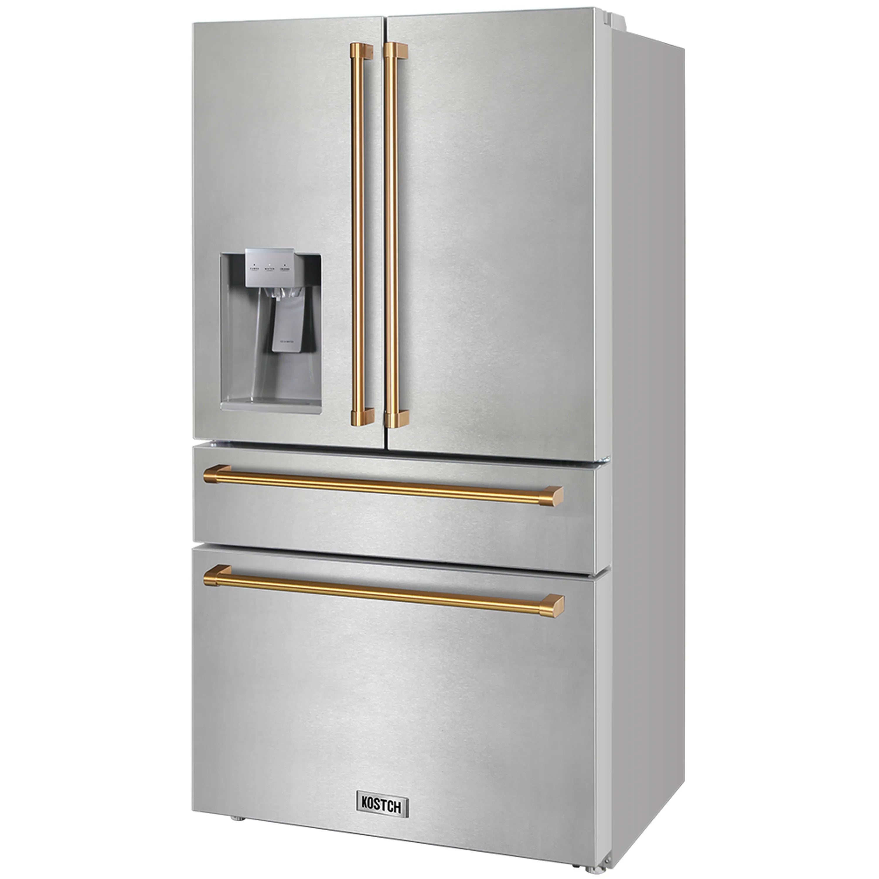 Stainless steel refrigerator with bronze vertical handles and dispenser at front