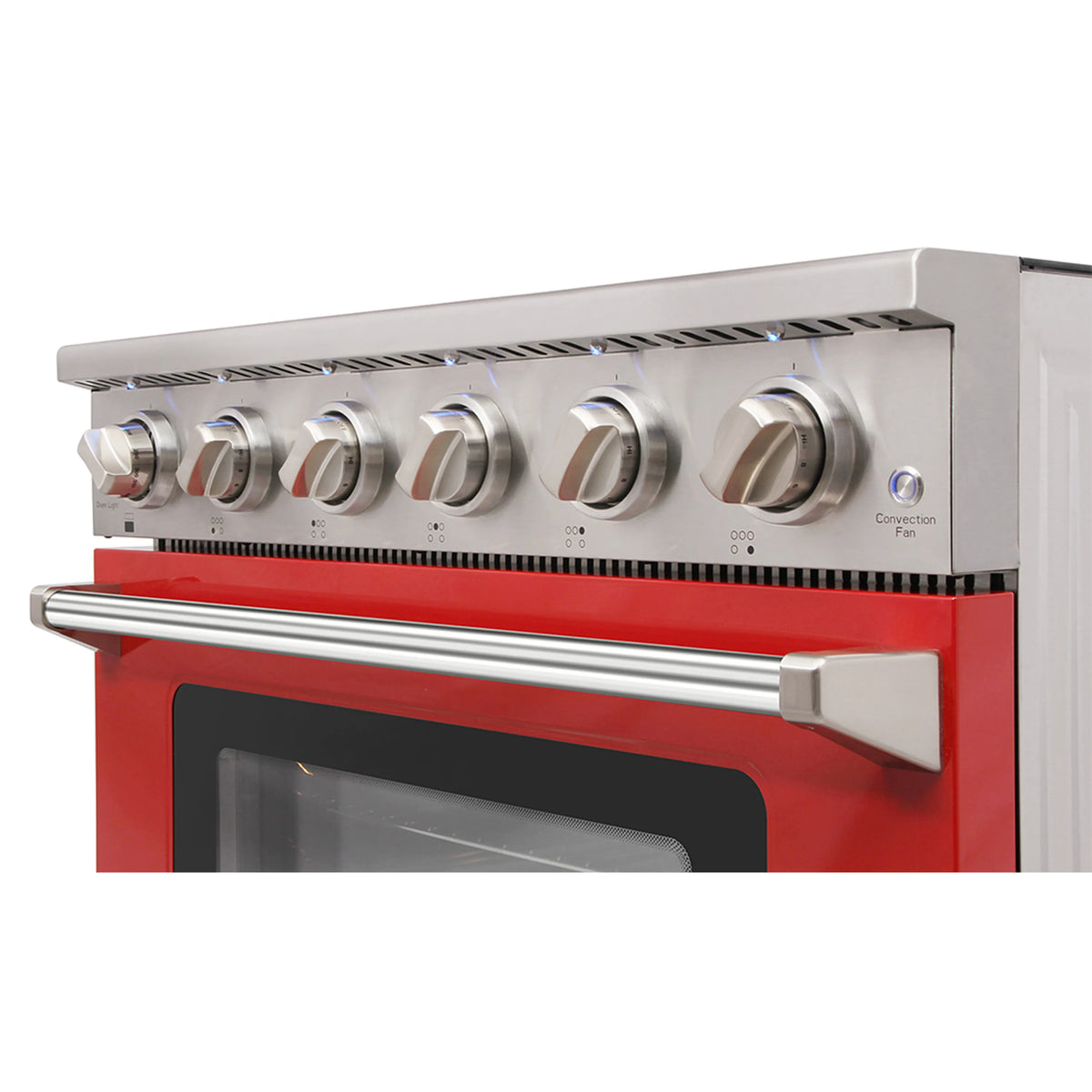 Stainless rear control panel with red oven front and long oven handle