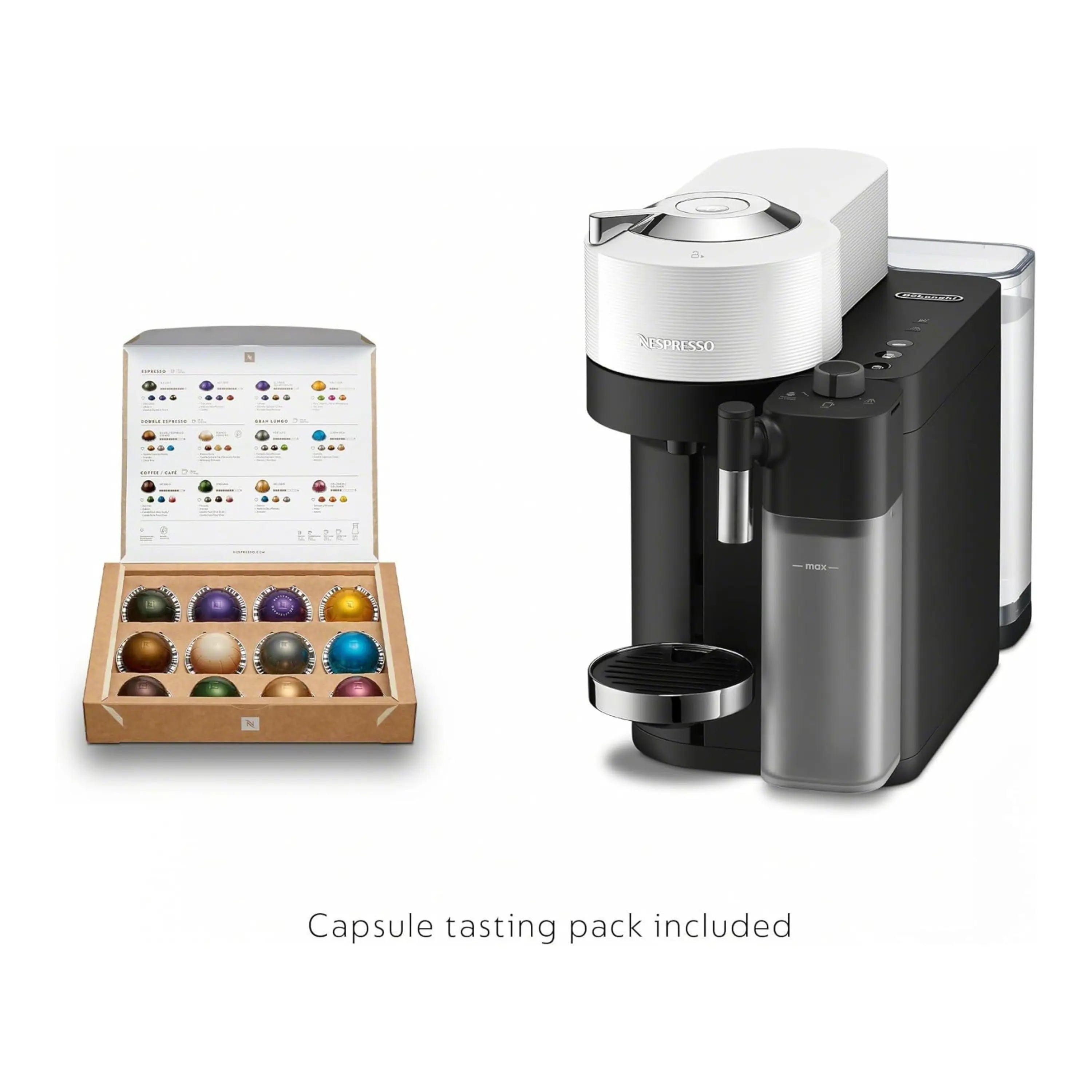 White and black coffee capsule machine with included capsule tasting pack