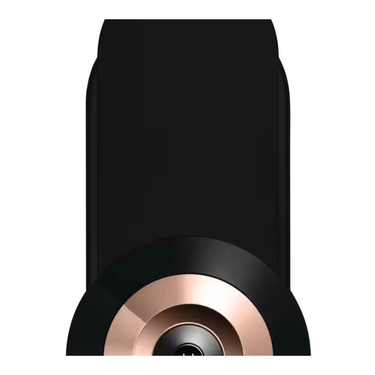 Black coffee maker front close-up showing rose-gold circular control area
