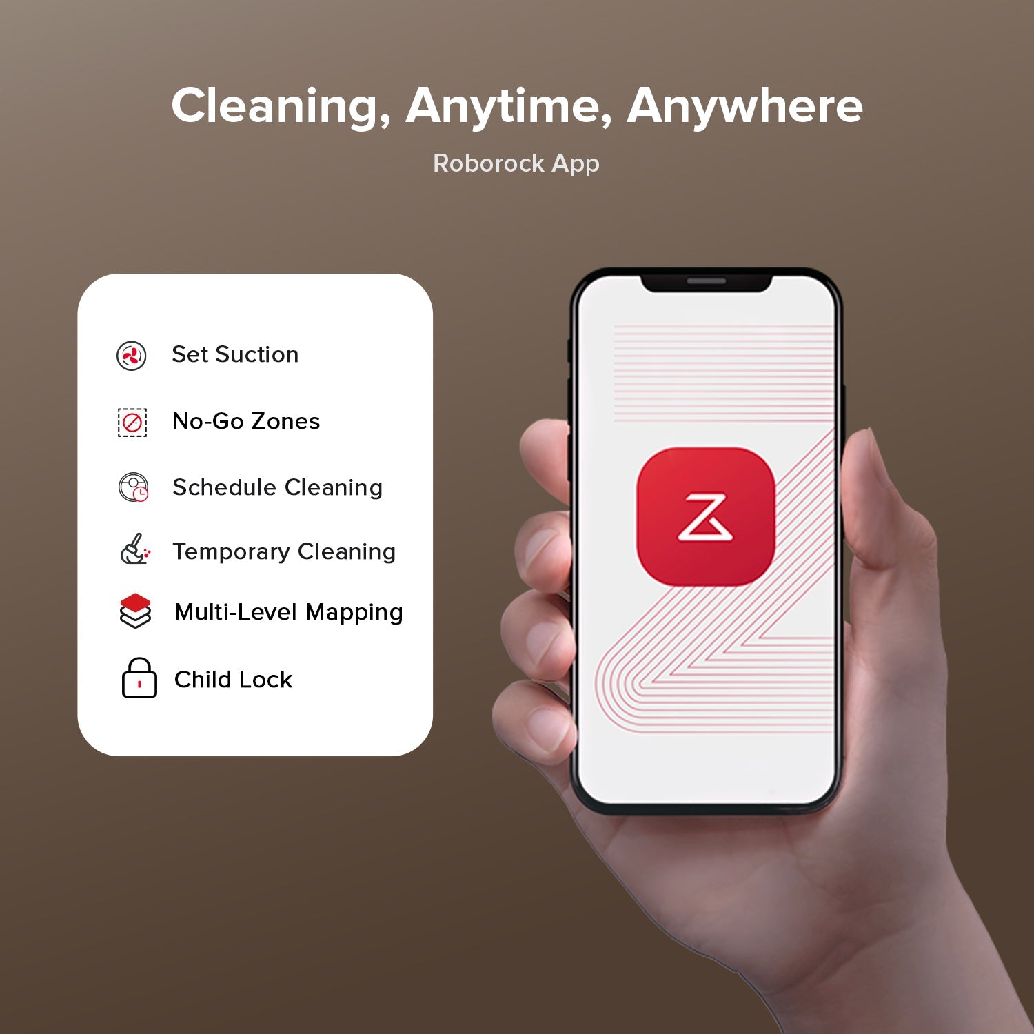 Hand holding a smartphone showing app control for a white robot vacuum and mop