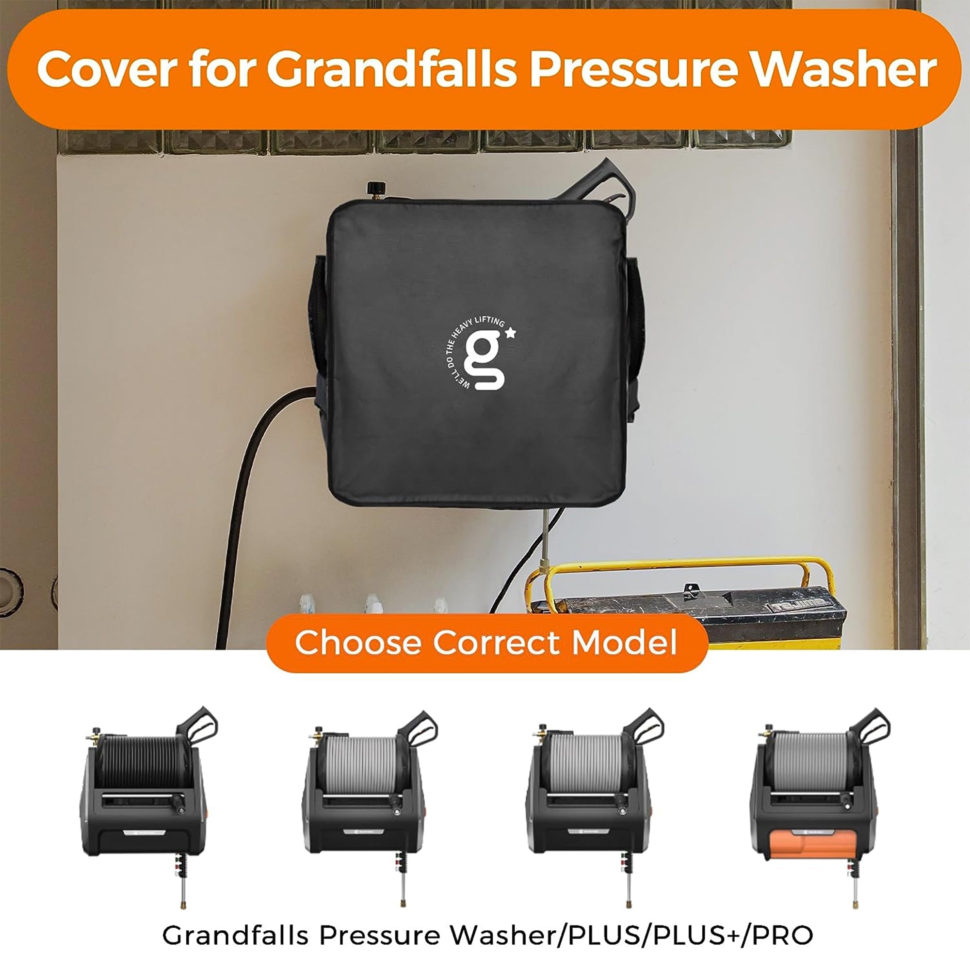 Pressure washer cover in dark fabric with carry handle, designed for outdoor machine storage.
