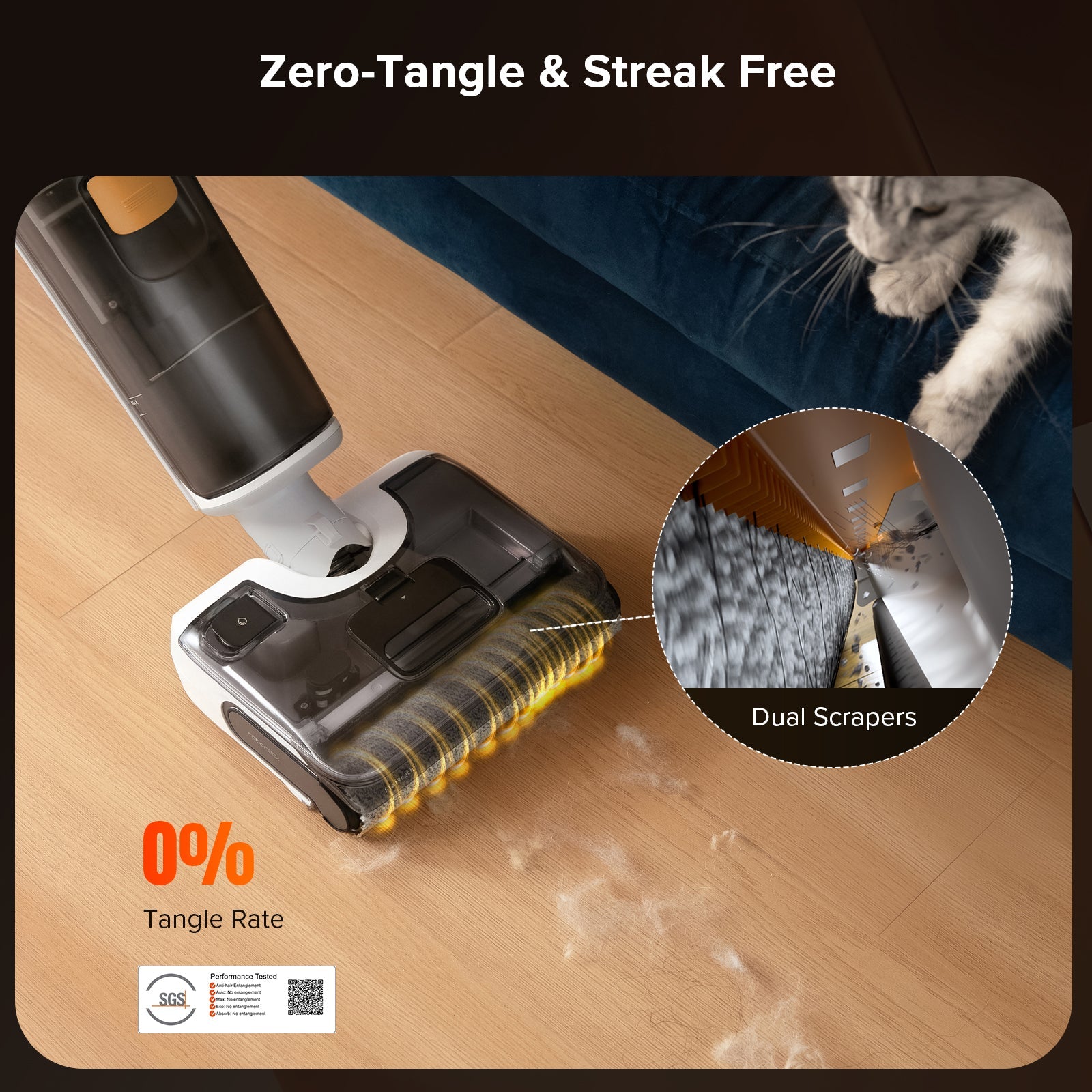 Roborock wet and dry vacuum cleaner head with dual scrapers on wood floor