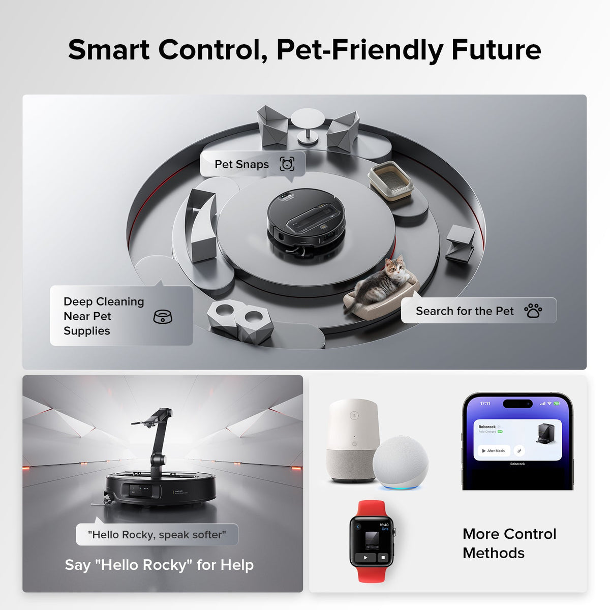 Black robot vacuum with dock and phone control screen, shown for pet-friendly cleaning