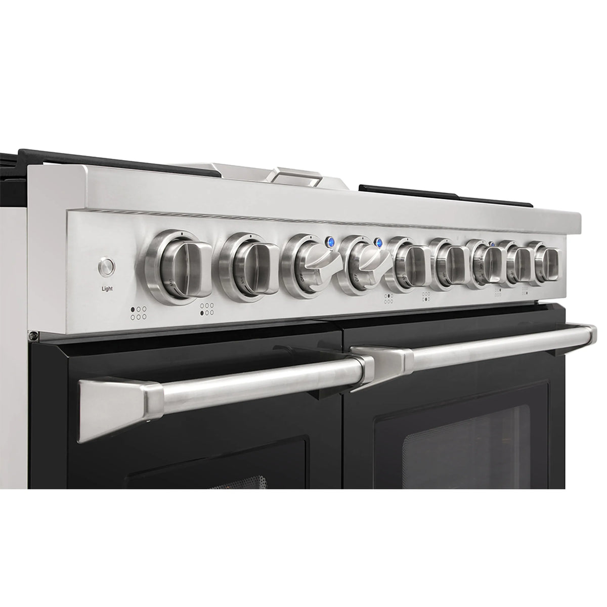 Black-and-stainless control panel with burner knobs and oven handle