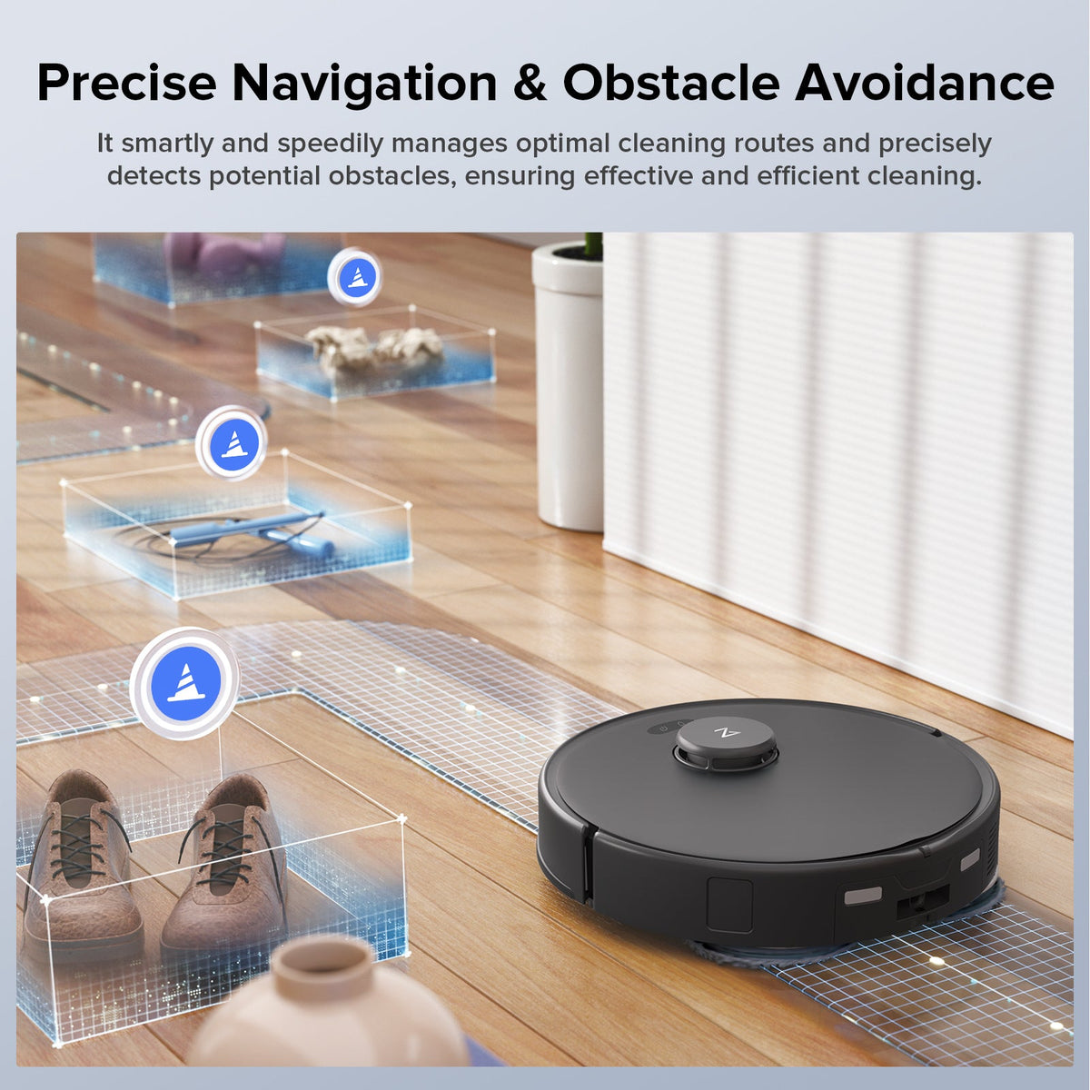 Black robot vacuum on floor with navigation grid and obstacle detection indicators