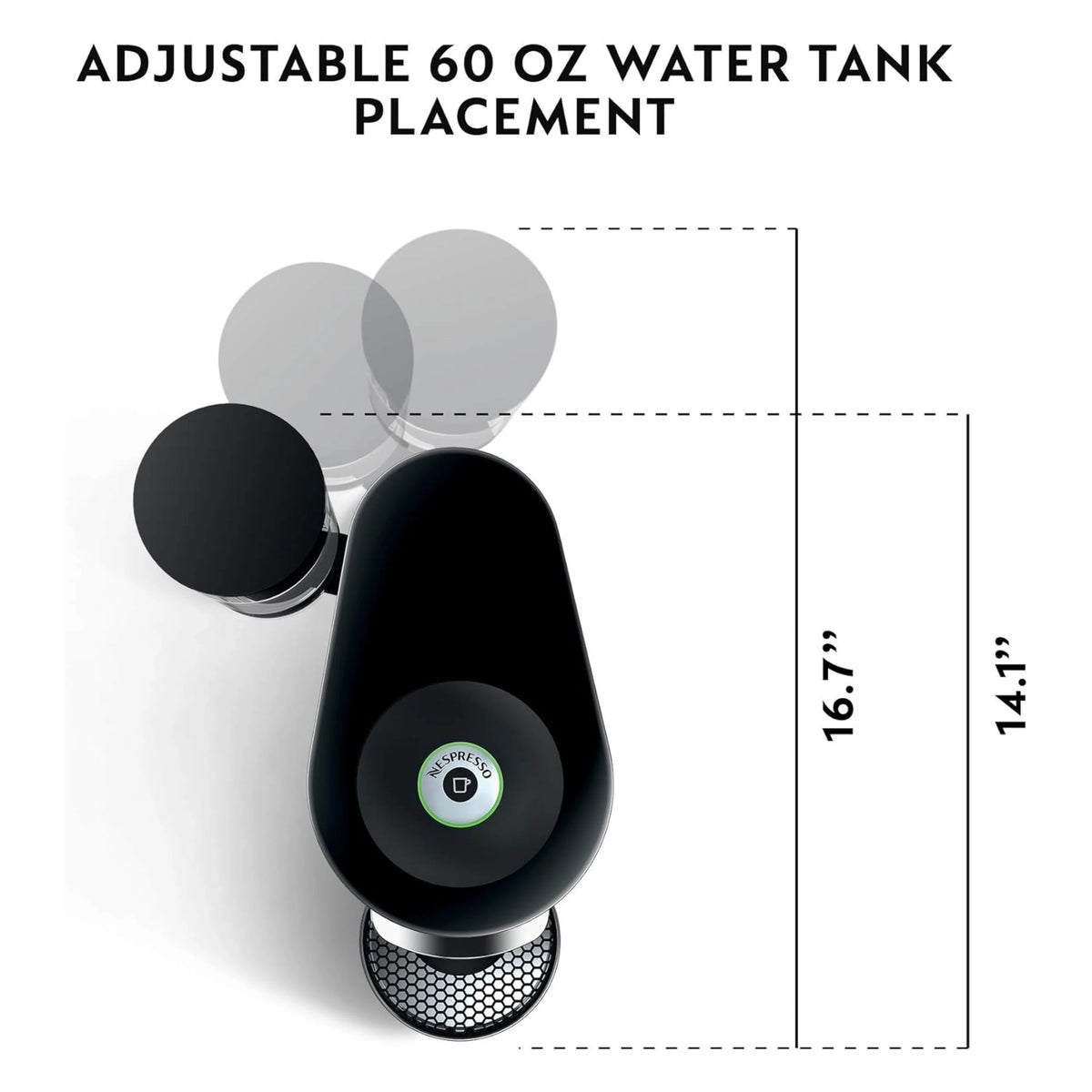 Black Nespresso VertuoPlus machine with adjustable 60 oz water tank placement