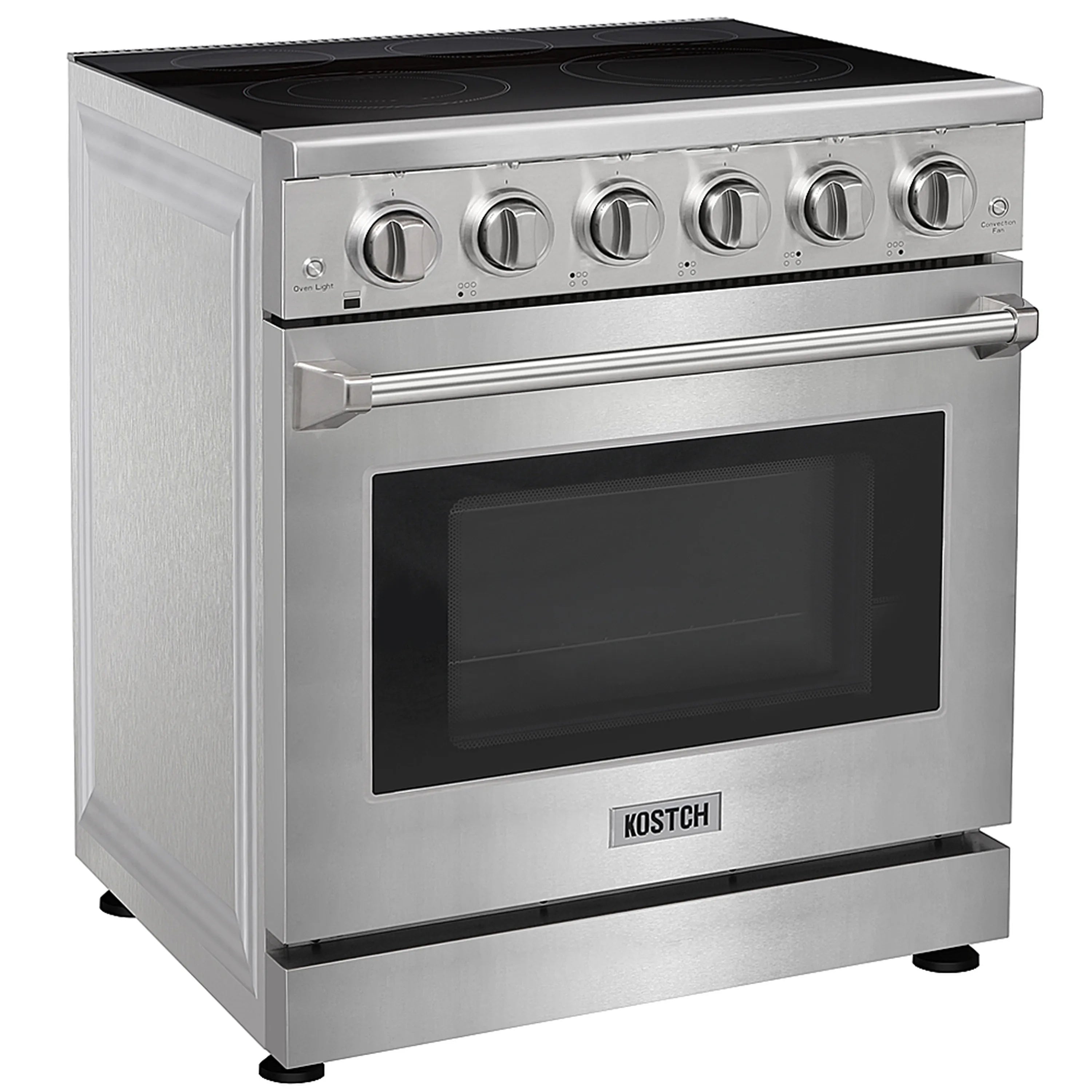 Stainless electric range with front oven door window, control knobs, and flat glass cooktop