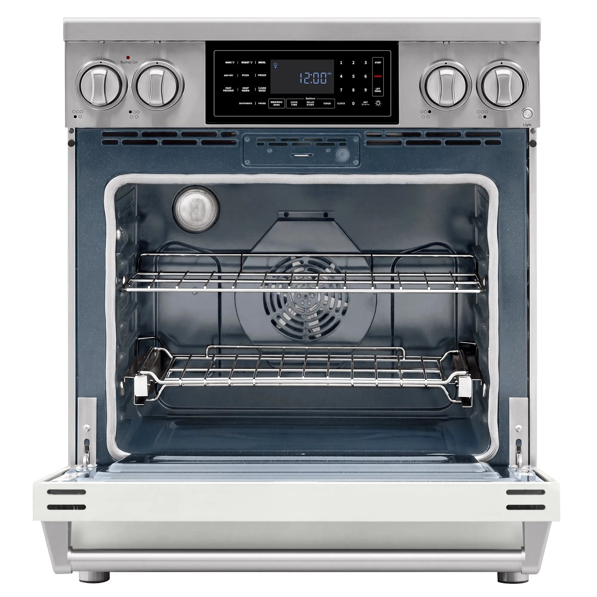 Open white electric range oven with metal racks and convection fan inside