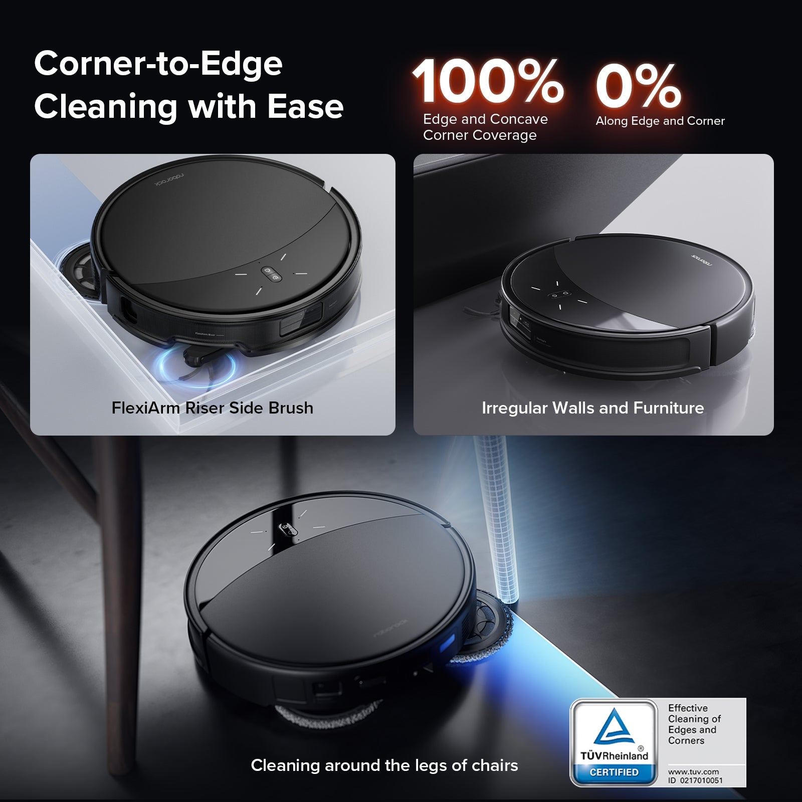 Roborock robot vacuum cleaning with edge and corner side brush near furniture legs