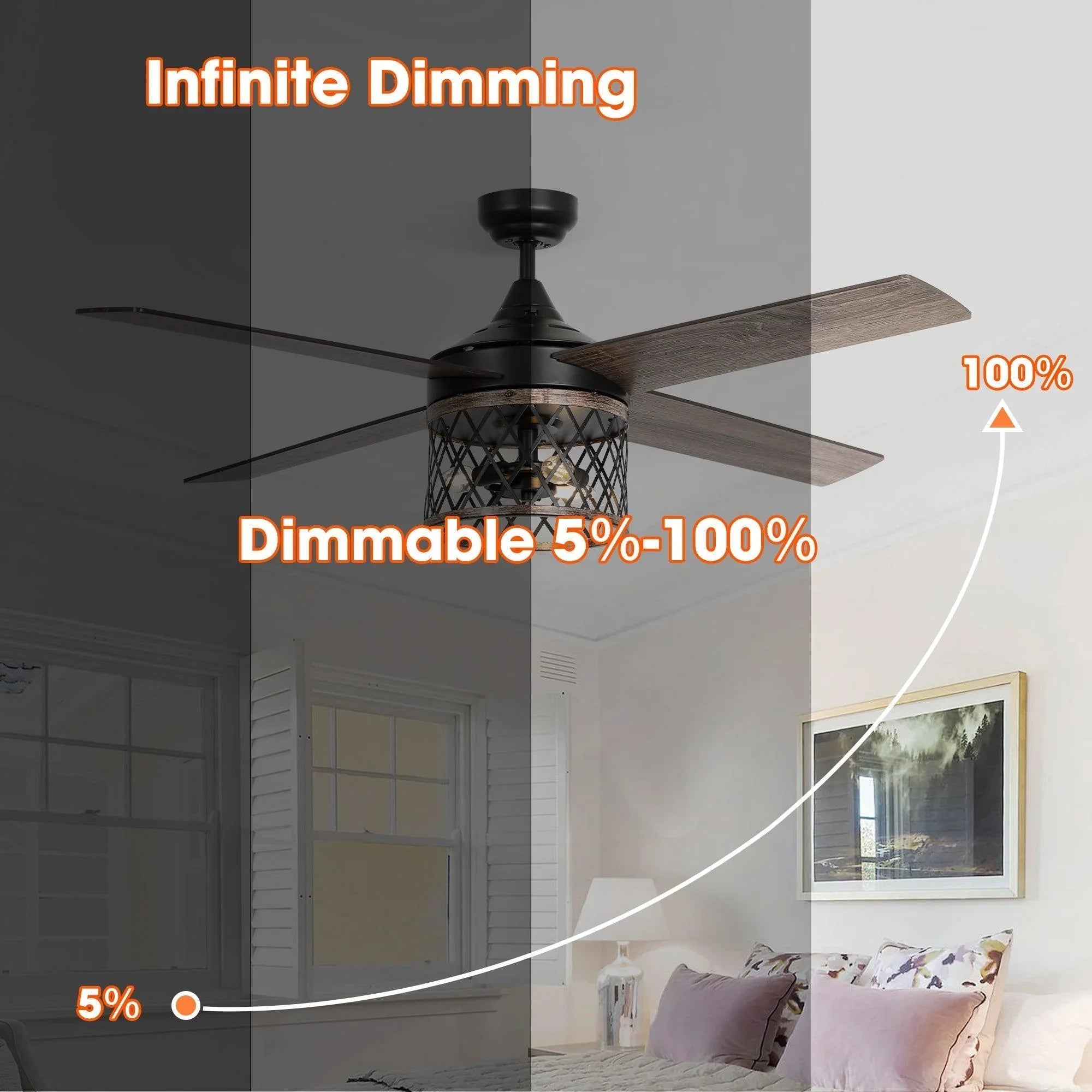 Black ceiling fan with caged light and four wood-toned blades on ceiling.