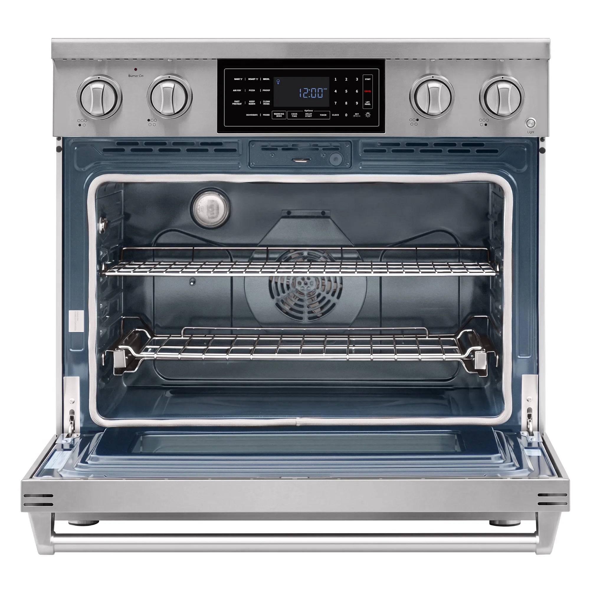 Open oven cavity of a stainless steel electric range with racks and convection fan