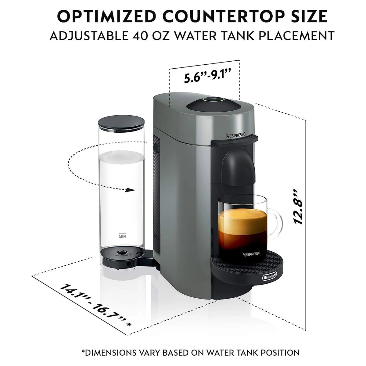Gray Nespresso VertuoPlus coffee machine with countertop size dimensions
