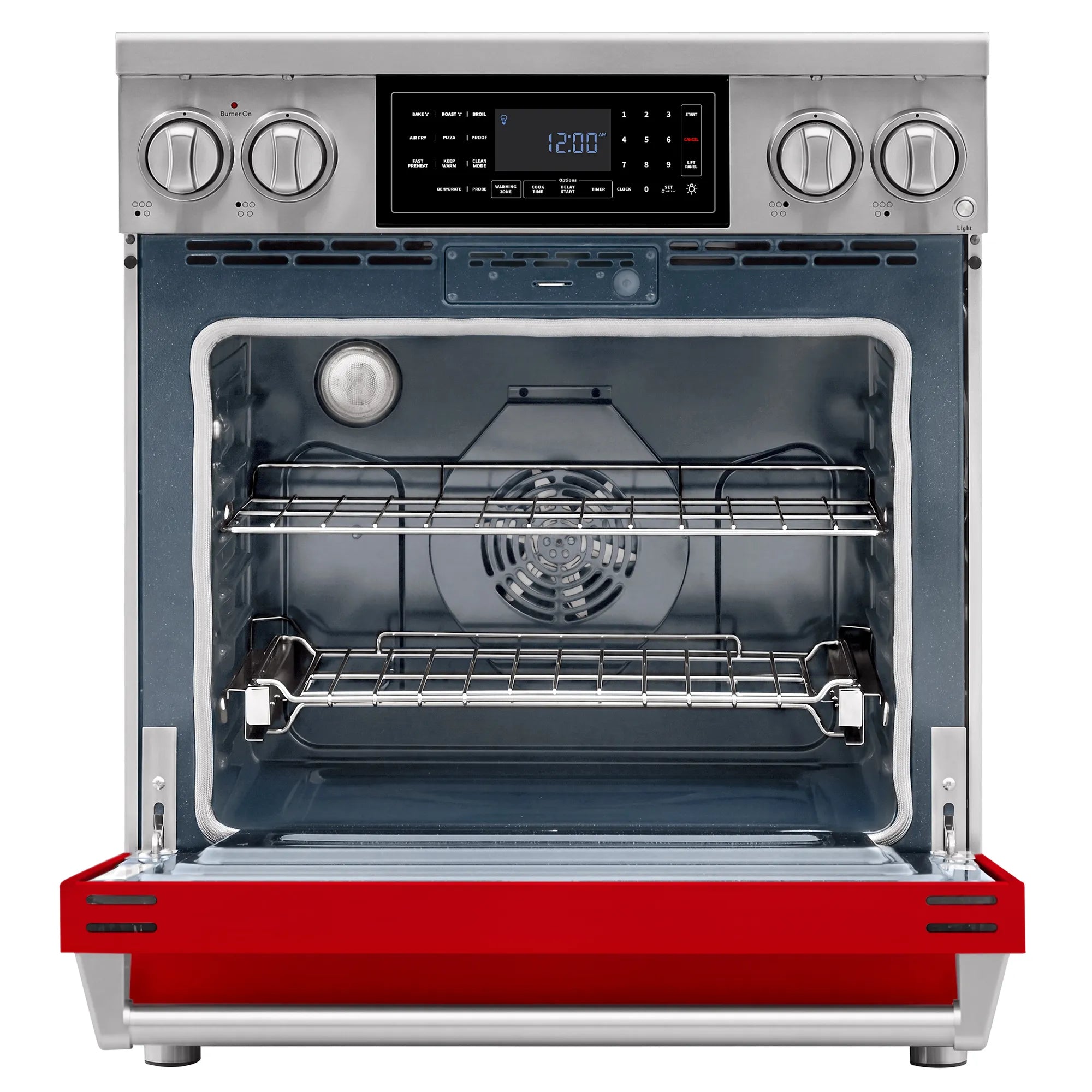 Open electric oven with interior racks and convection fan