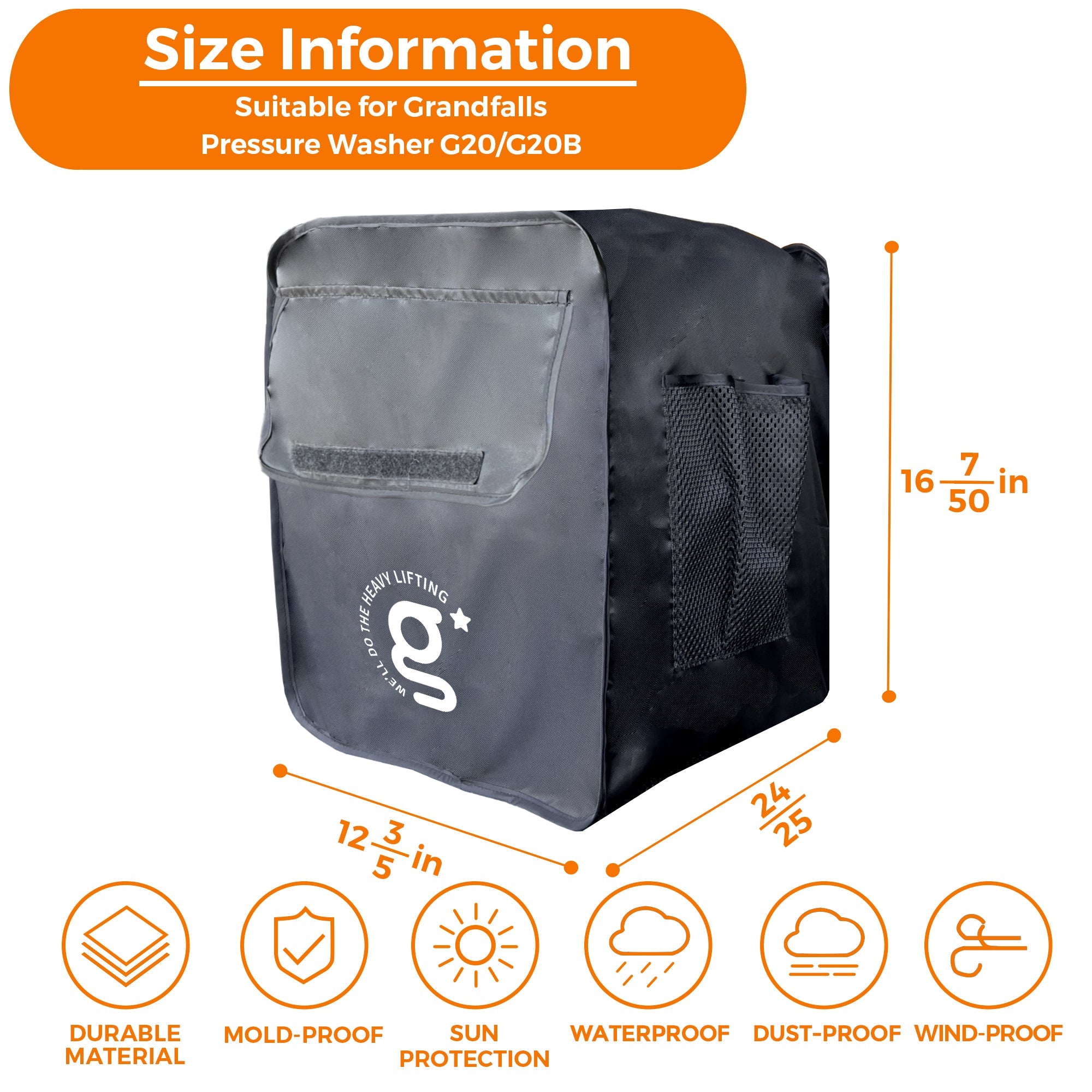 Black pressure washer cover bag with front pocket, mesh side panel, and orange pull tab