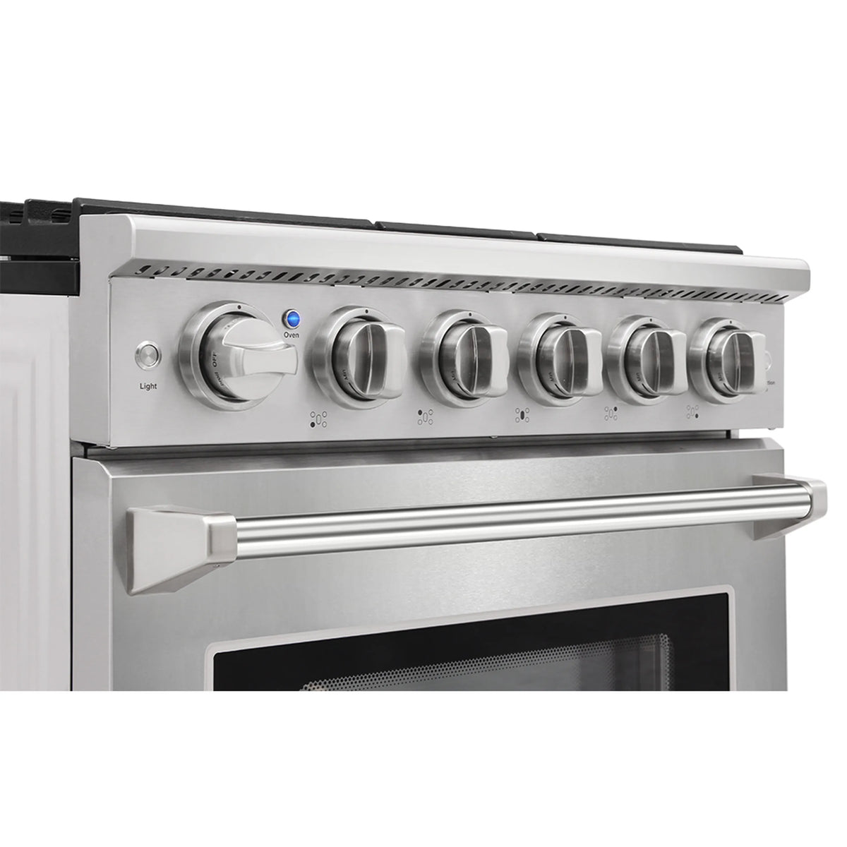Stainless gas range control panel with five knobs above the oven