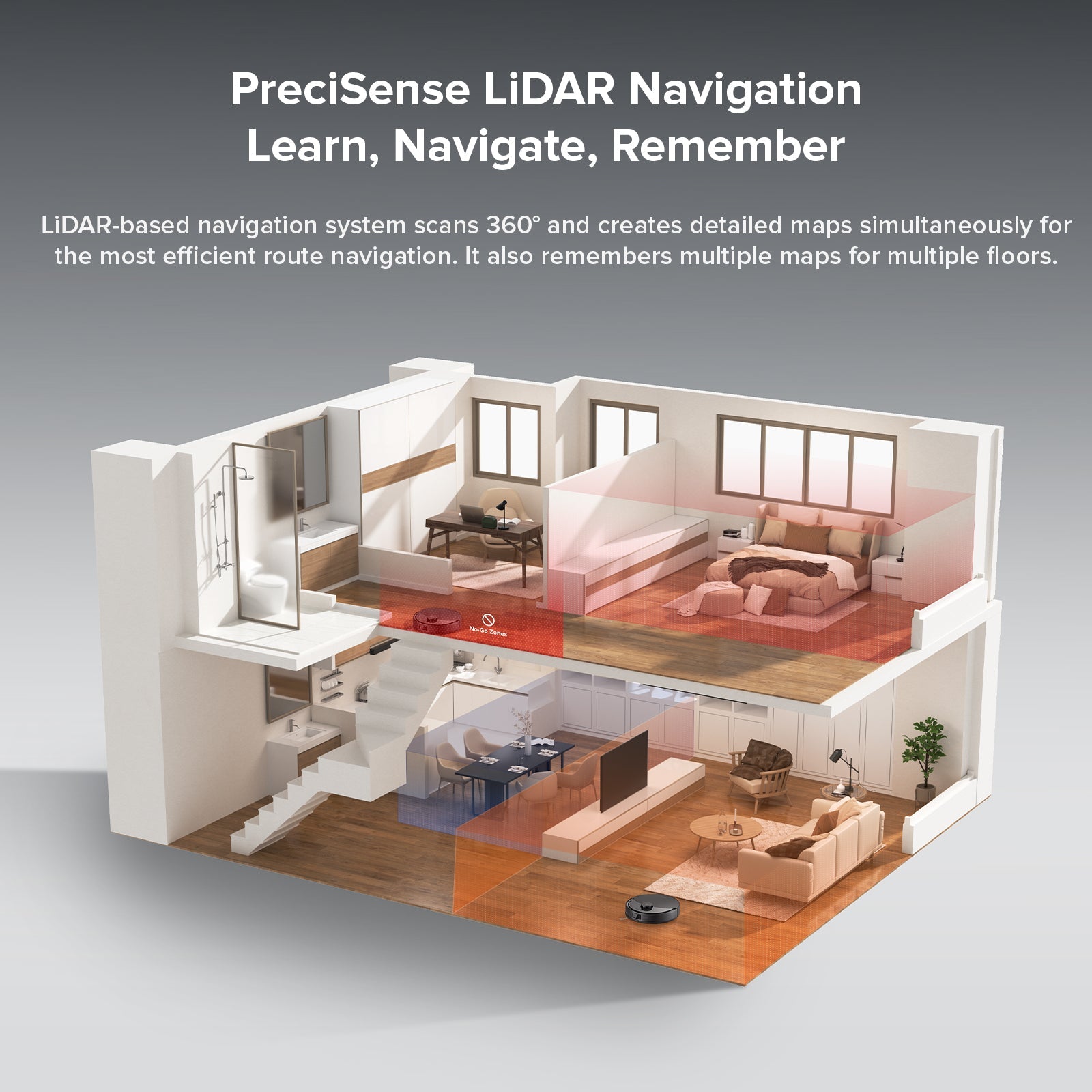 Robot vacuum and mop with PreciseSense LiDAR navigation 3D floor map graphic