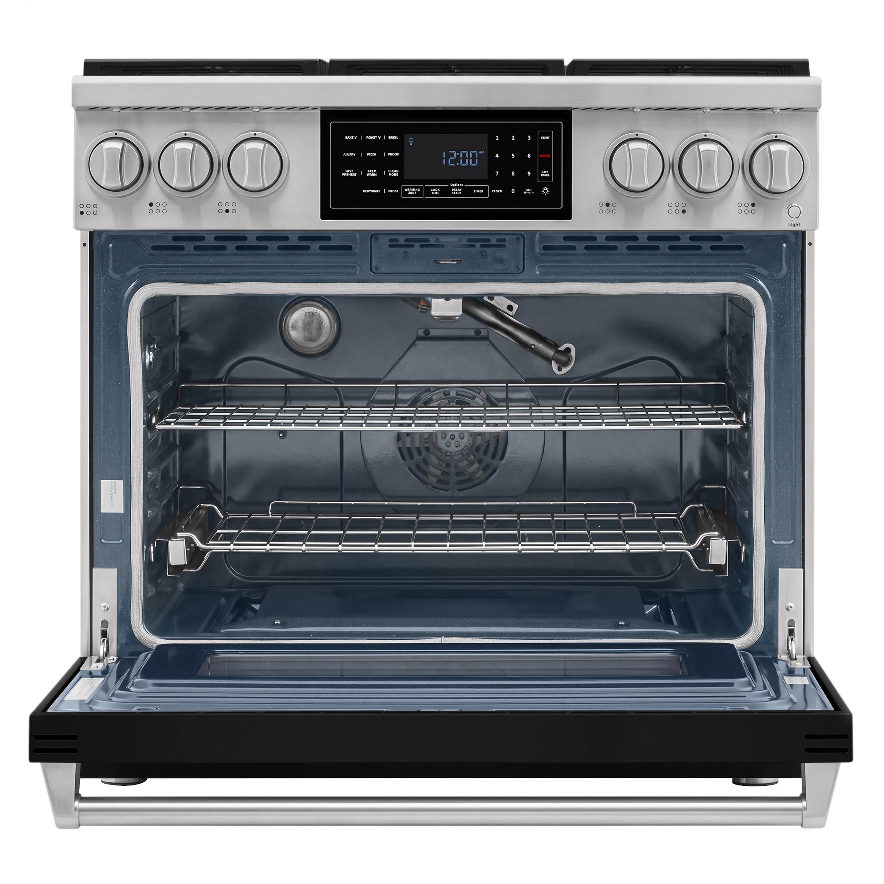 Open convection oven with wire racks, control panel, and gas range knobs