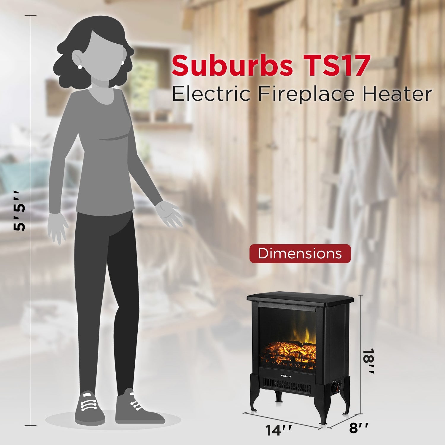 Black electric fireplace stove heater shown with compact freestanding design and flame window