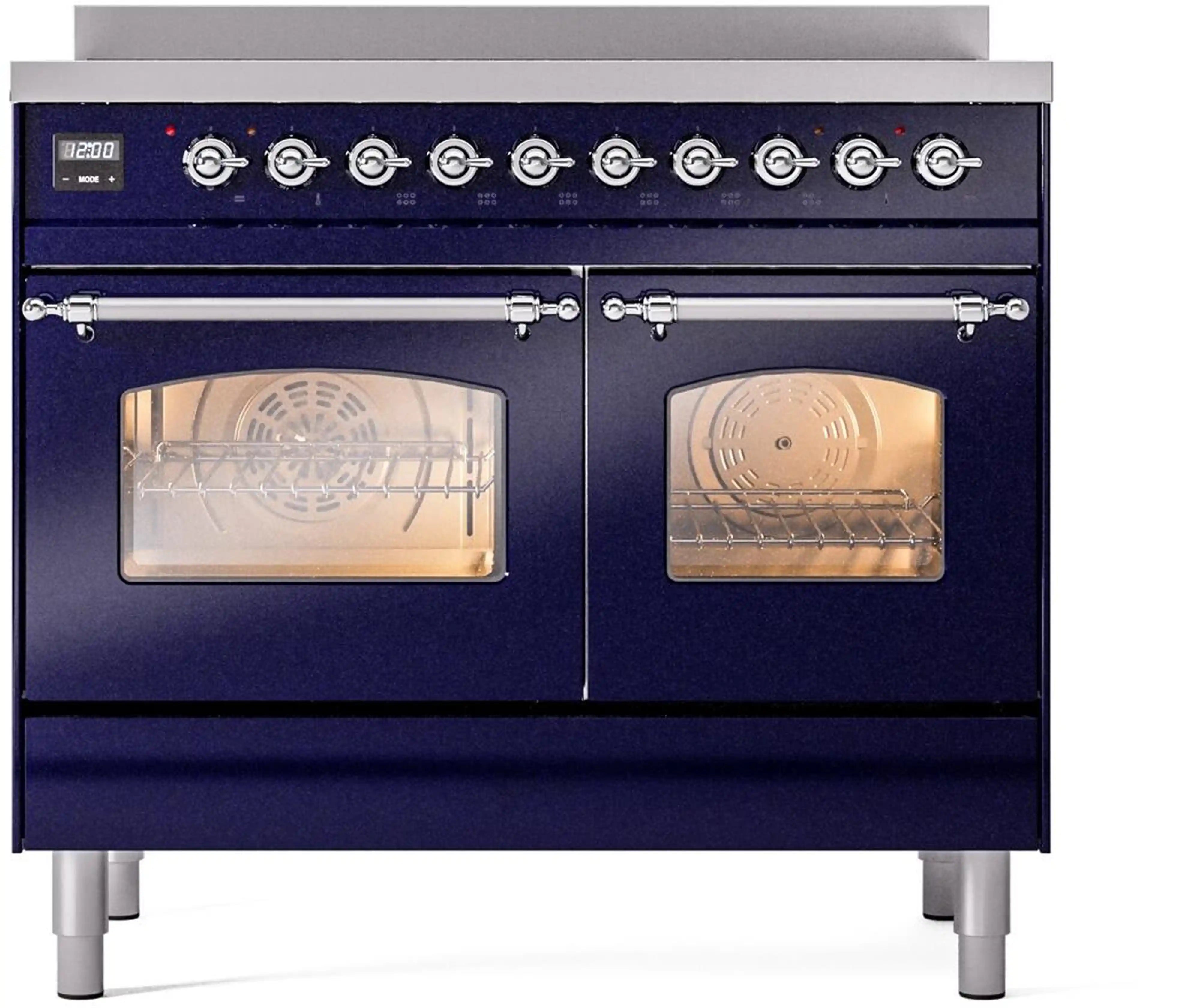 Midnight blue electric induction range with chrome control panel and double oven doors