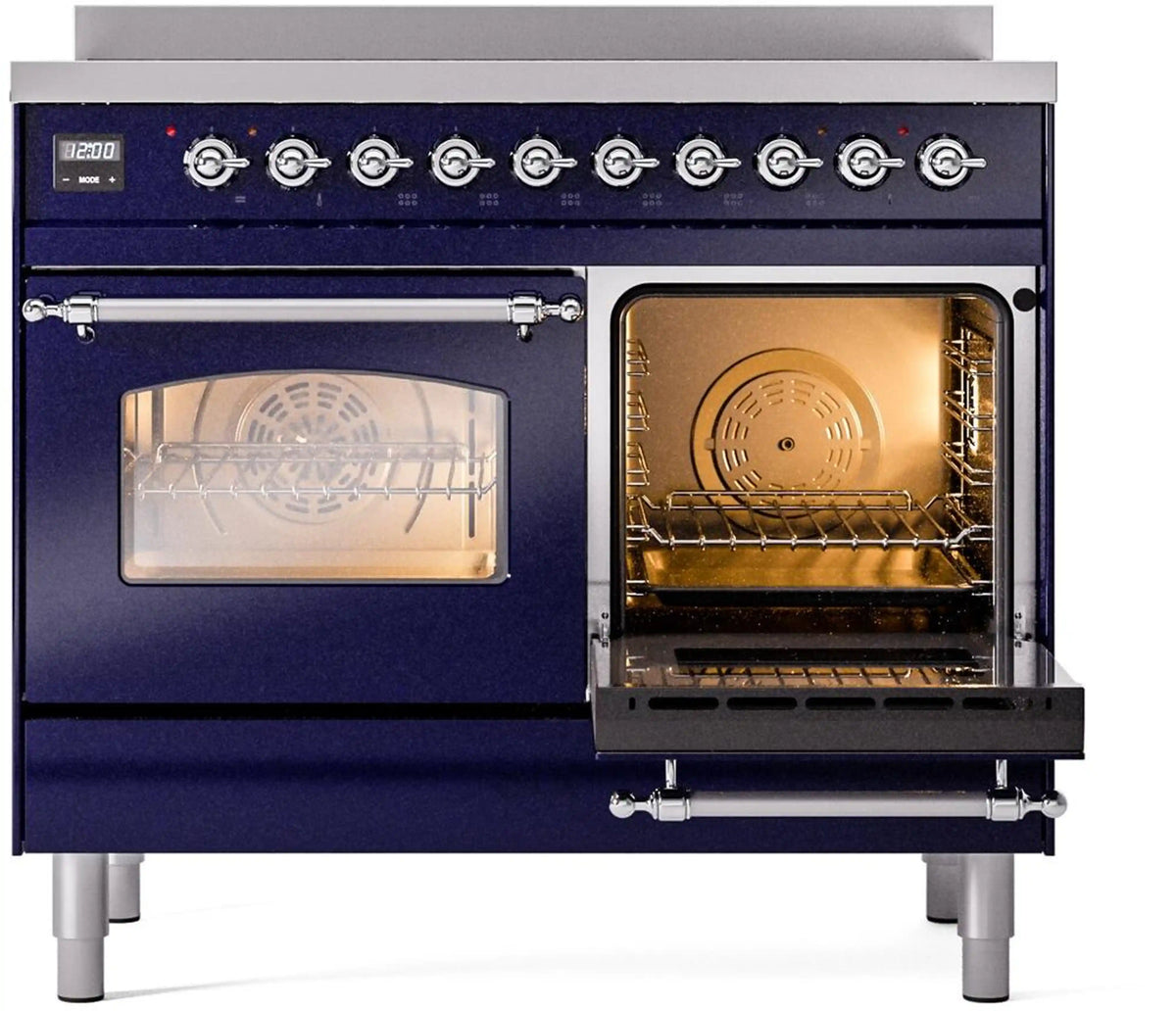Midnight blue freestanding electric induction range with two oven doors open, racks visible