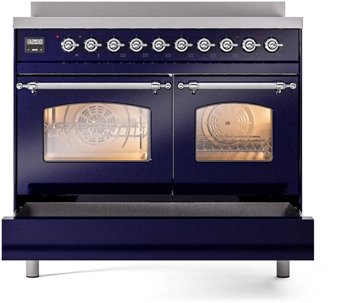 Midnight blue freestanding electric induction range with two oven windows and closed doors