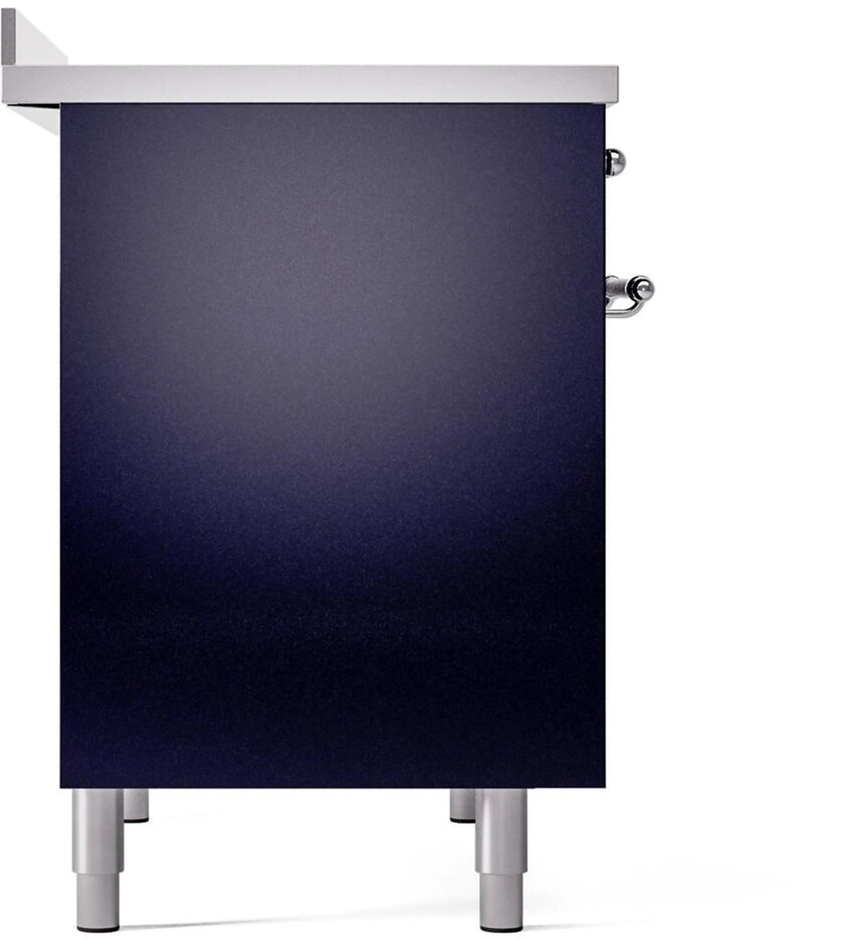 Midnight blue freestanding induction range side panel with chrome handle and legs