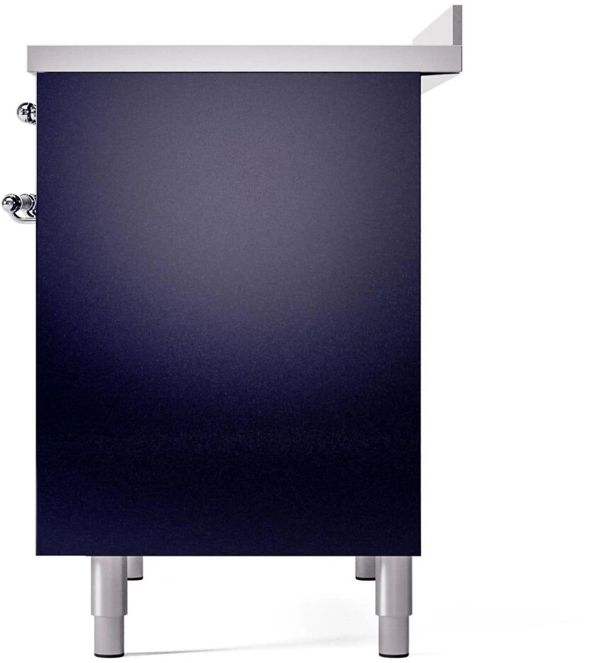 Midnight blue freestanding induction range back corner with chrome handle and legs