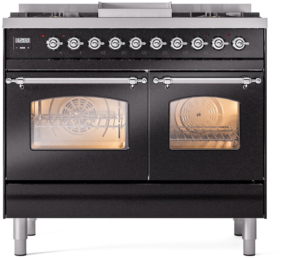 Dual fuel freestanding range in glossy black with chrome cooktop knobs and two glass ovens