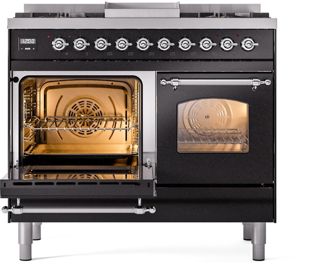 Freestanding dual fuel range with one oven door open, one closed, glossy black and chrome trim