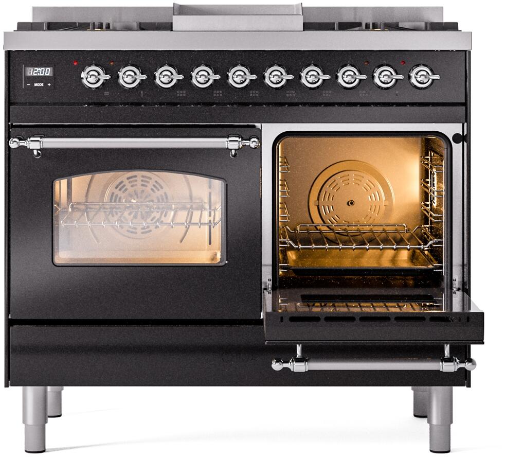 Glossy black dual fuel range with right oven open, stainless racks inside, and control panel